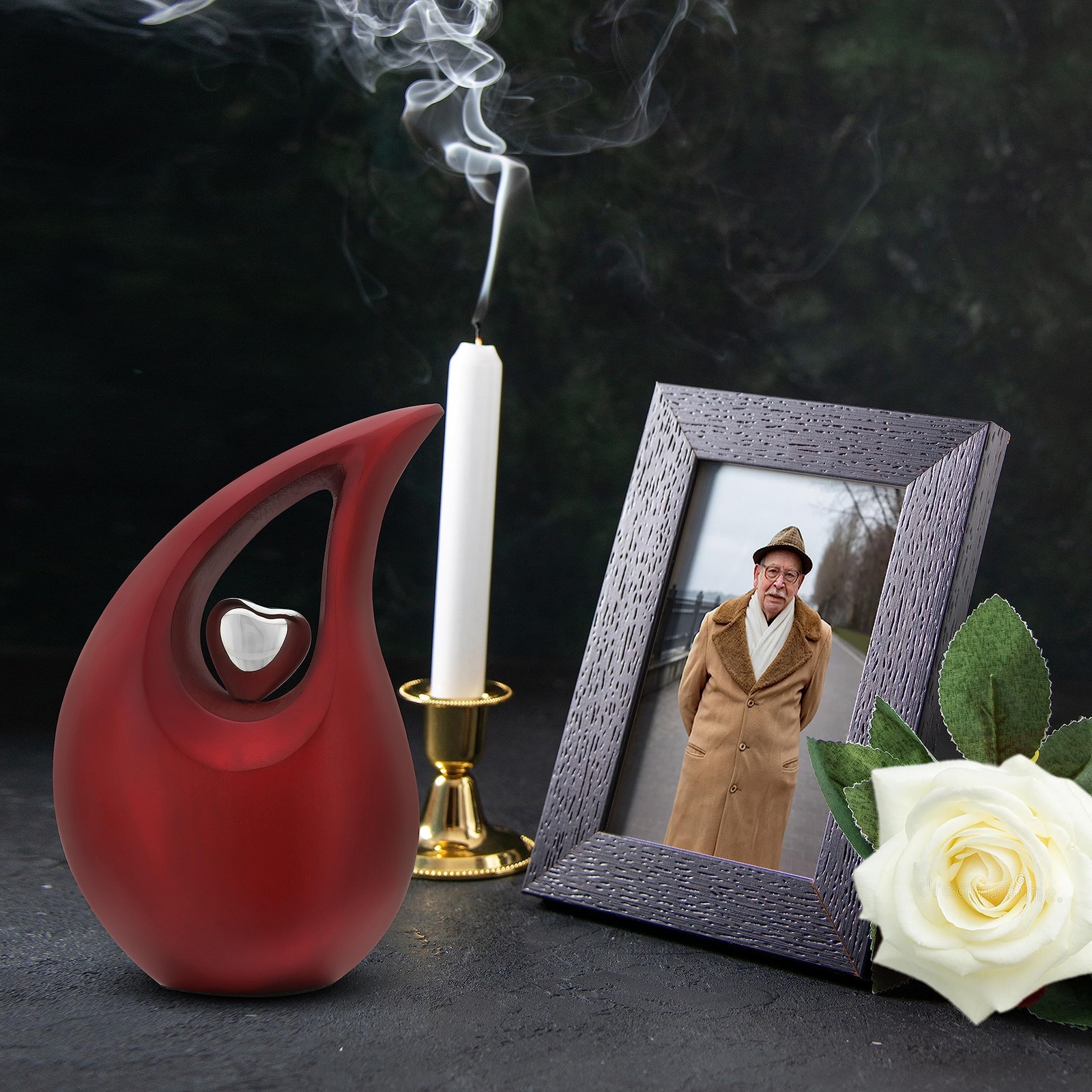 Red Tear Drop Medium Size Urns for Human Ashes with Silver Heart (6 Inch Heig…