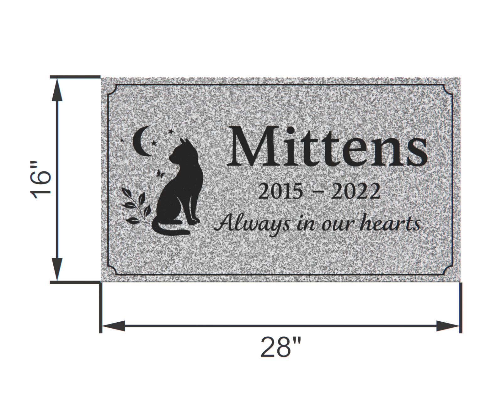 Custom Gray Granite Pet Headstone 28x16x4 – Cat Memorial “Always in Our Hearts”