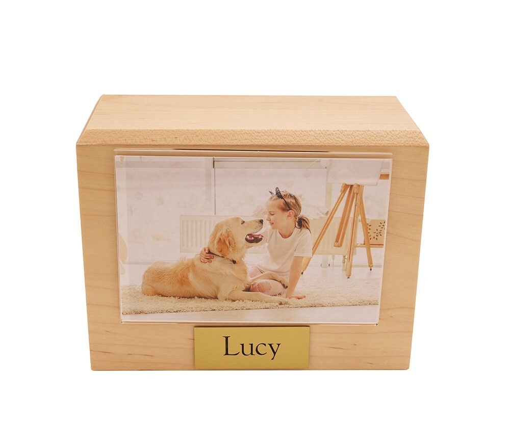 Small 85 Cubic Inches Maple Pet Photo Urn for Ashes with Engravable Nameplate