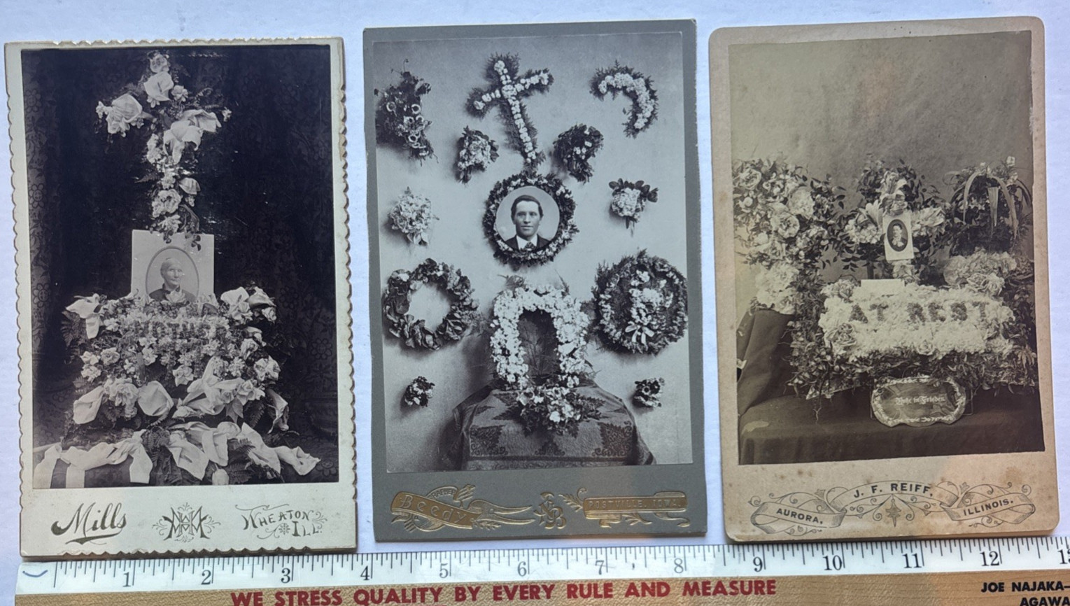 3 Post Mortem Funeral Cabinet Card Black & White Photograph Flowers Matted OOAK