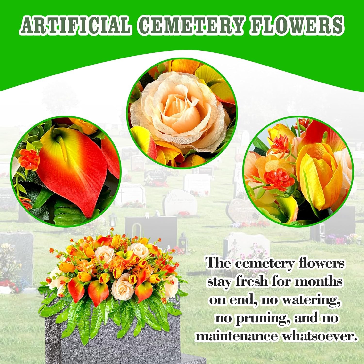 Artificial Cemetery Flowers – Outdoor Grave Saddle for Headstone Decorations