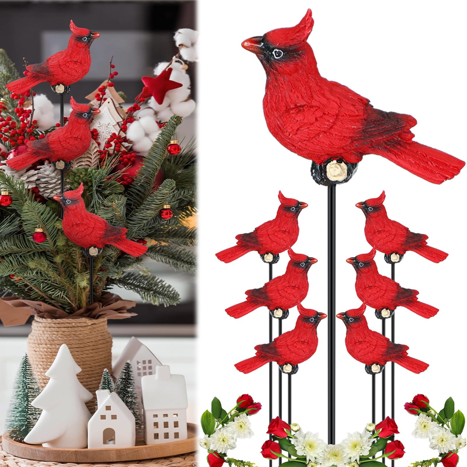 Red Cardinal Garden Stakes 6 PCS 11-inch Resin Bird Ornaments for Christmas