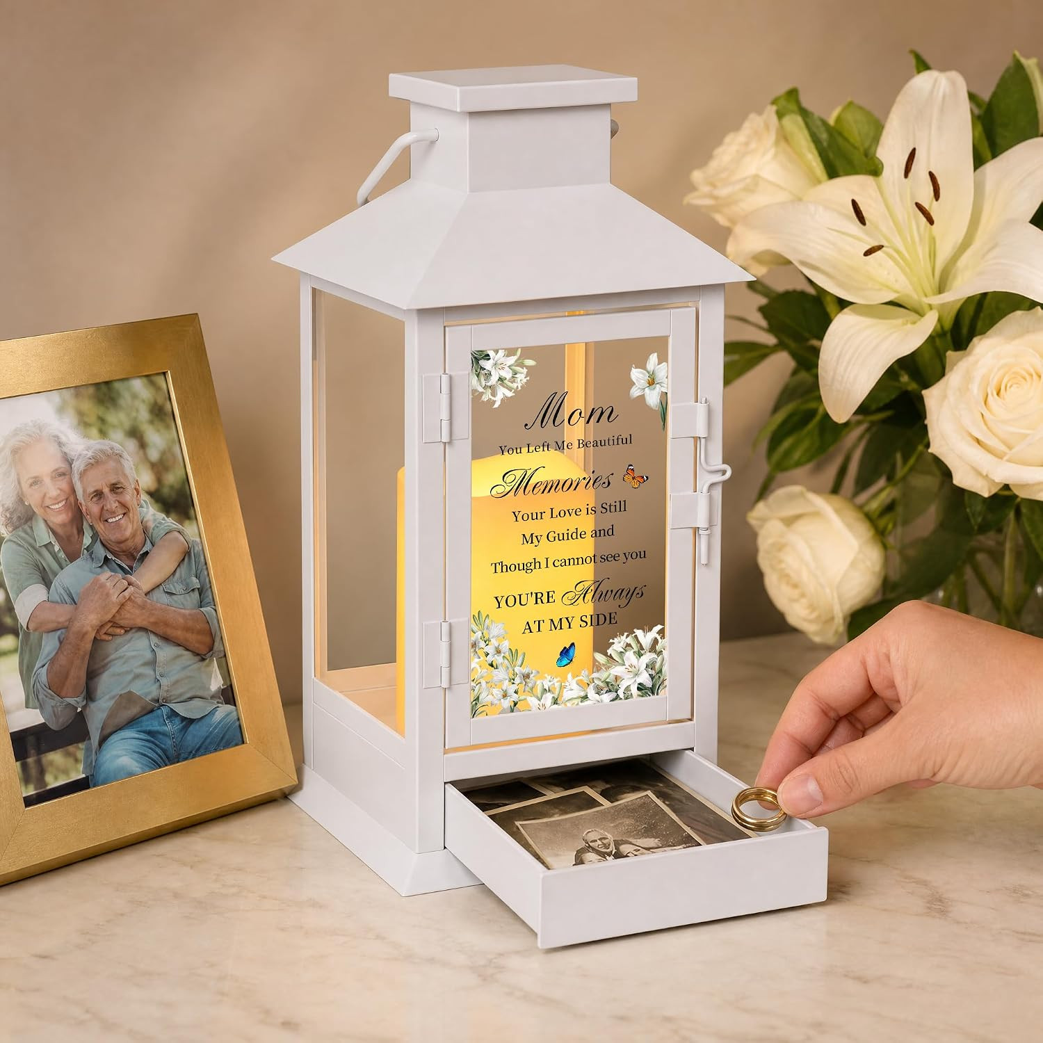 Sympathy Memorial Gifts for Loss of Mom, Memorial Lantern with Drawer for Keepsa