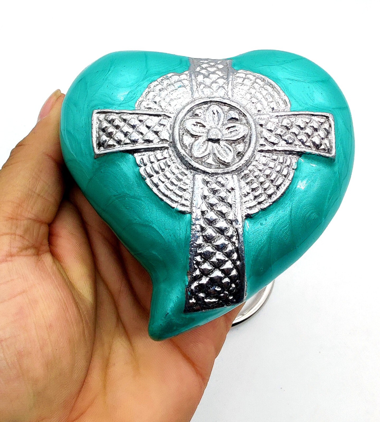 Sea Green Heart Cremation Urn for Human Ashes Adult Decorative Religious Cross..