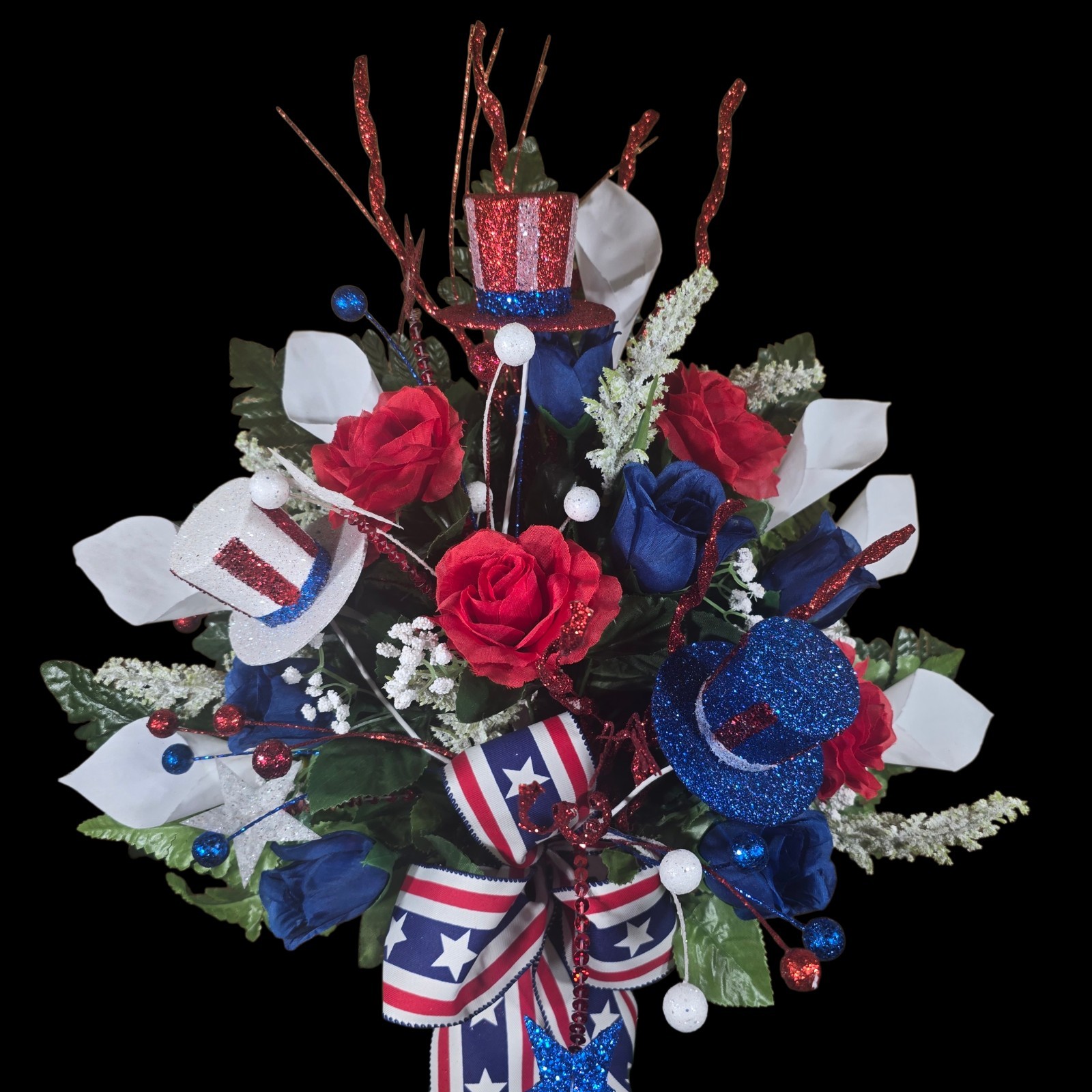 PATRIOTIC CEMETERY VASE MEMORIAL DECORATION WITH RED, WHITE, AND BLUE DECORATION