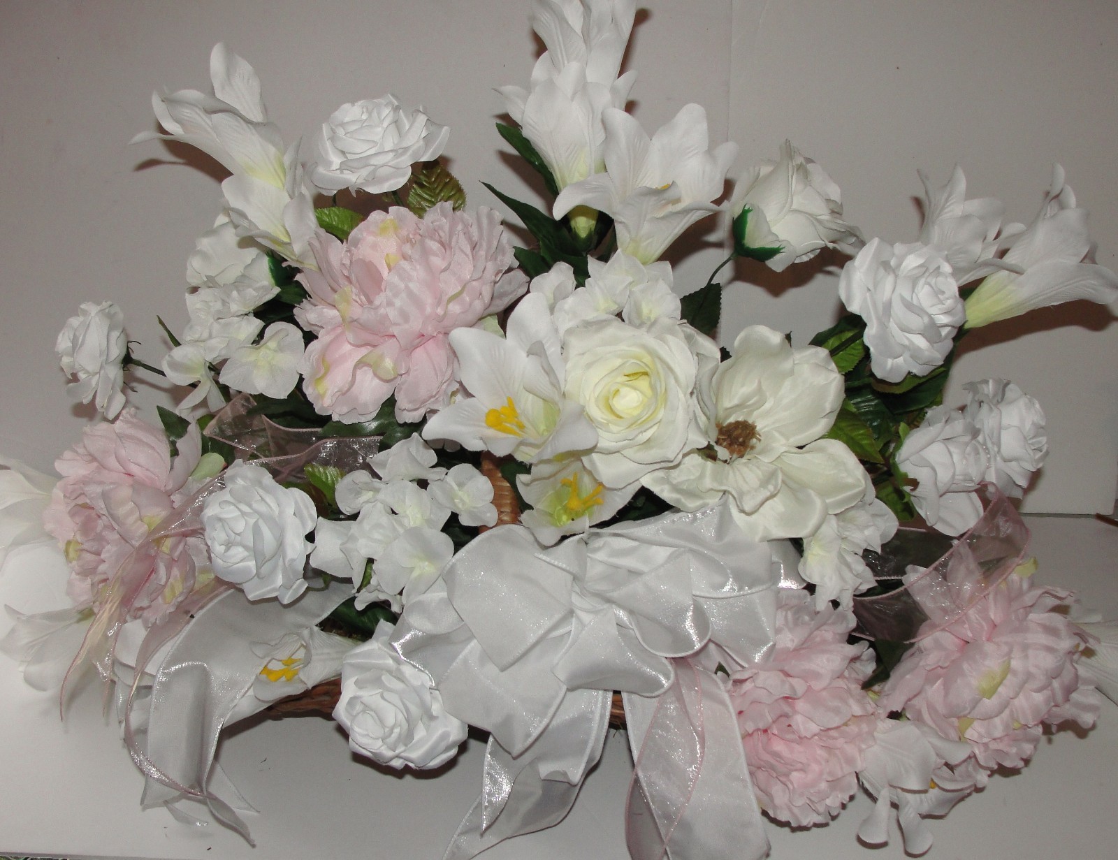Funeral Fireside Basket Roses Baby Soft Pink Peony Memorial Sympathy Silk Flower