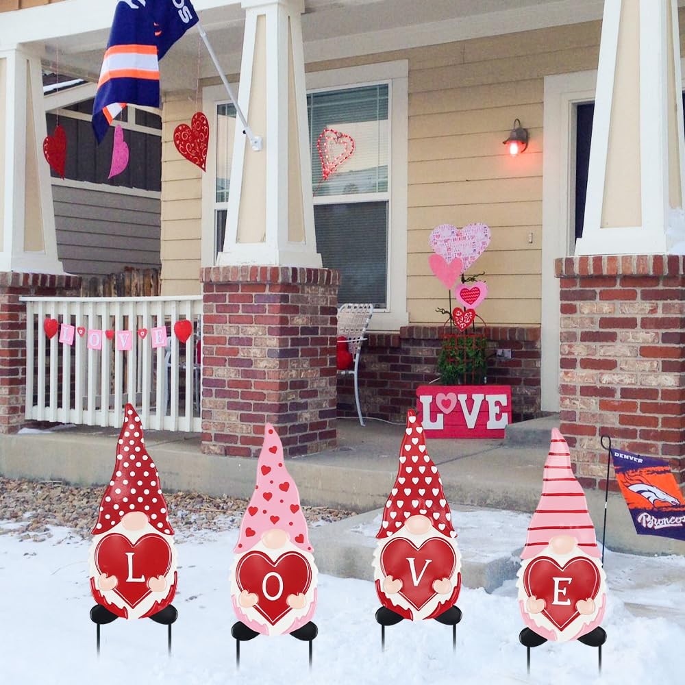 Valentines Day Decorations Outdoor, 4 Pcs Metal Gnomes Decorative Garden Stak…