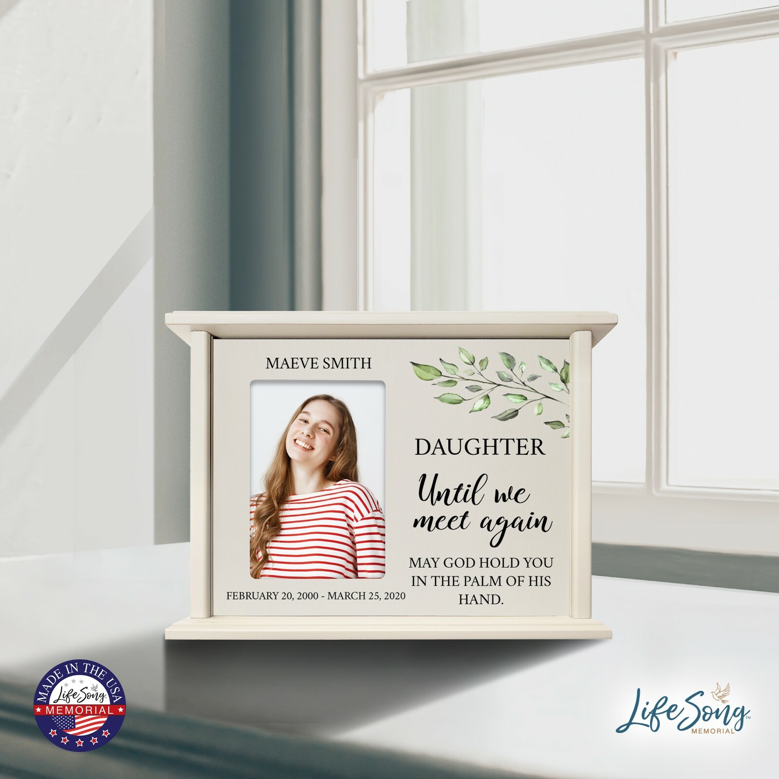Custom Cremation Urn Box Holds 200 cu in w/ 4×6 Photo – Until We Meet (Daughter)