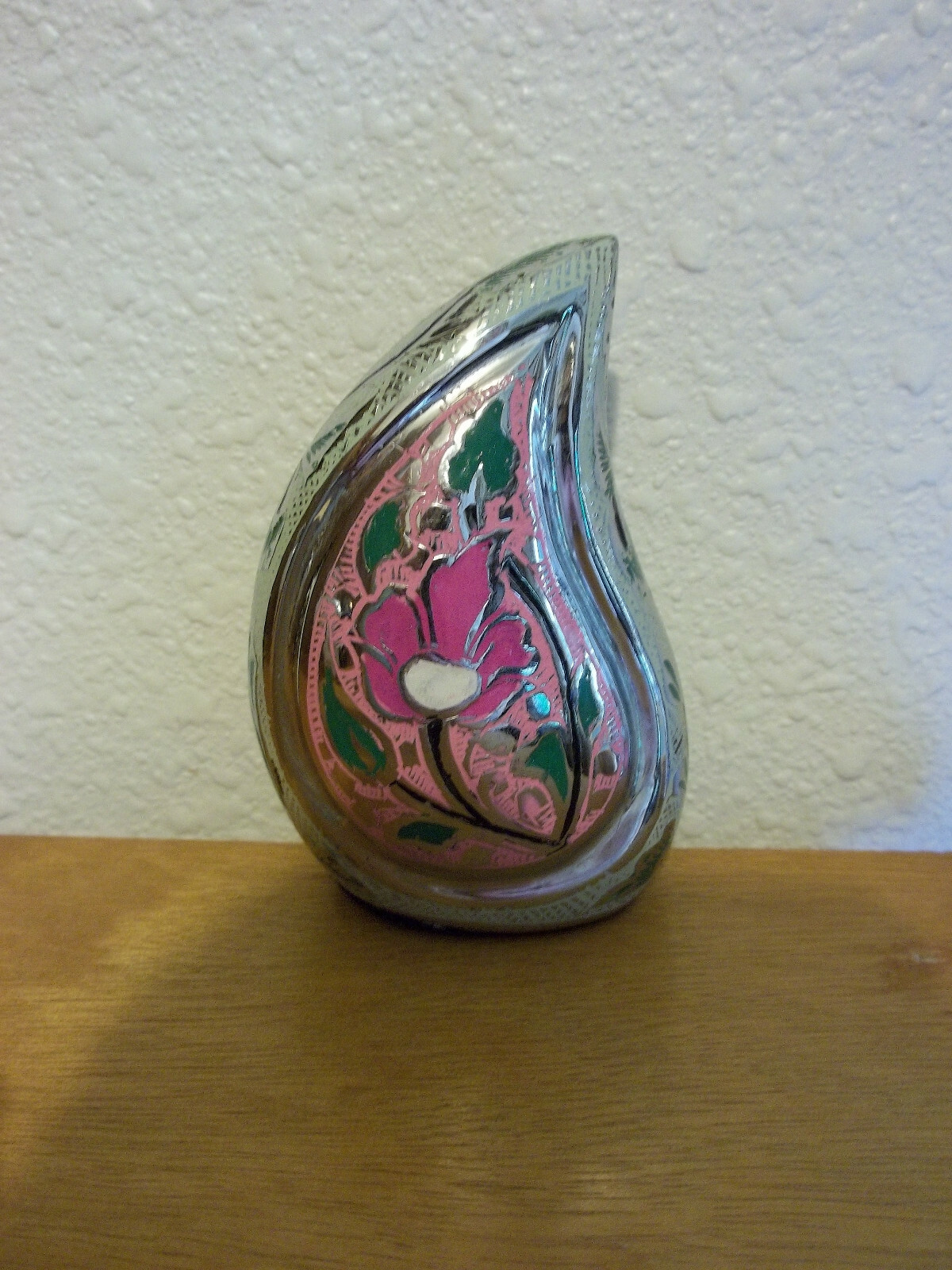Nickel w/Pink Teardrop Shaped Keepsake Mini Token Urn w/Velvet Bag