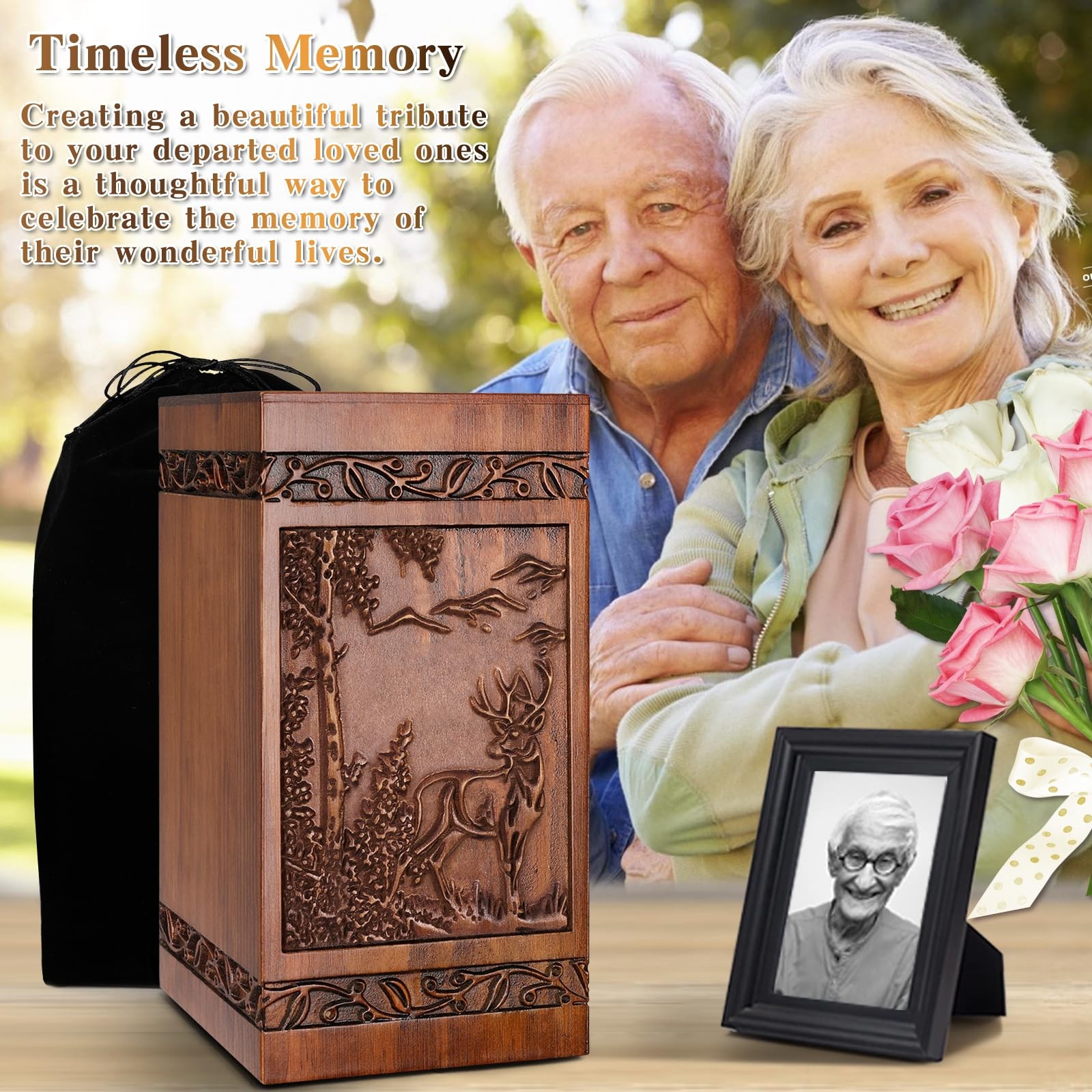 Wooden Cremation Urn for Human Wood Ashes Engraved Deer Decorative Funeral Ur…