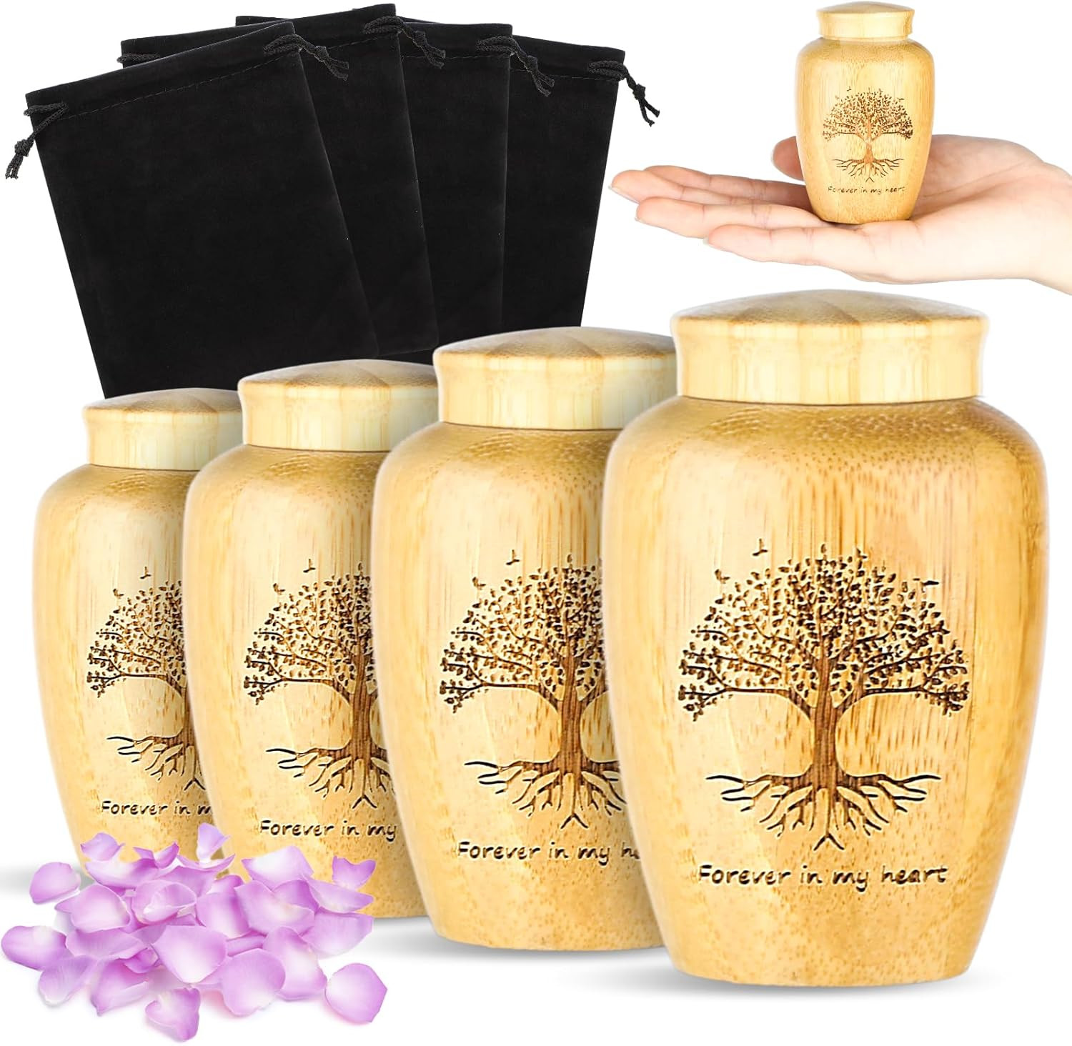 4 Sets Small Urn for Human Ashes Mini Urns with Tree Light Brown