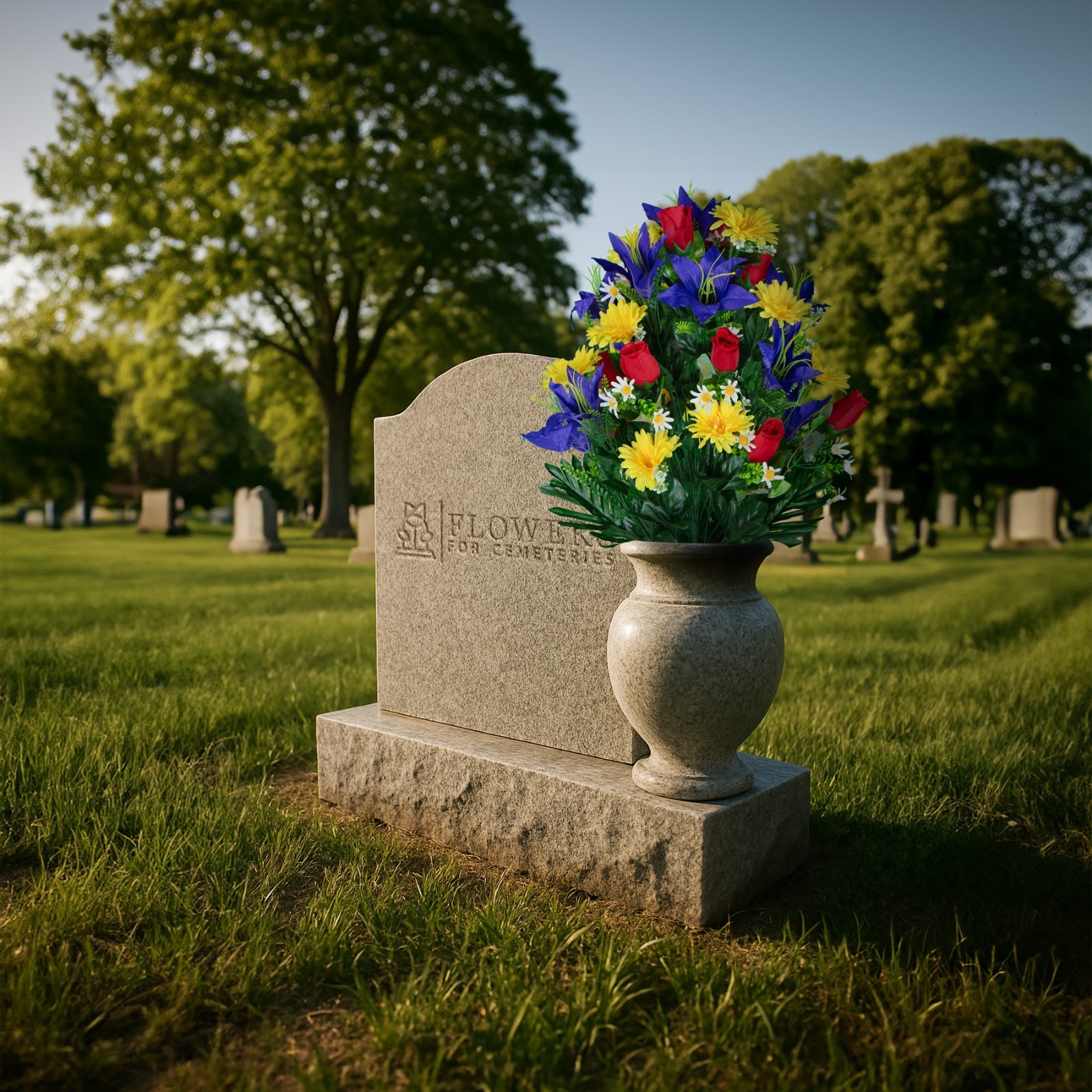 Artificial Cemetery Flowers – Purple Lilies with Yellow Daisies and Red Roses
