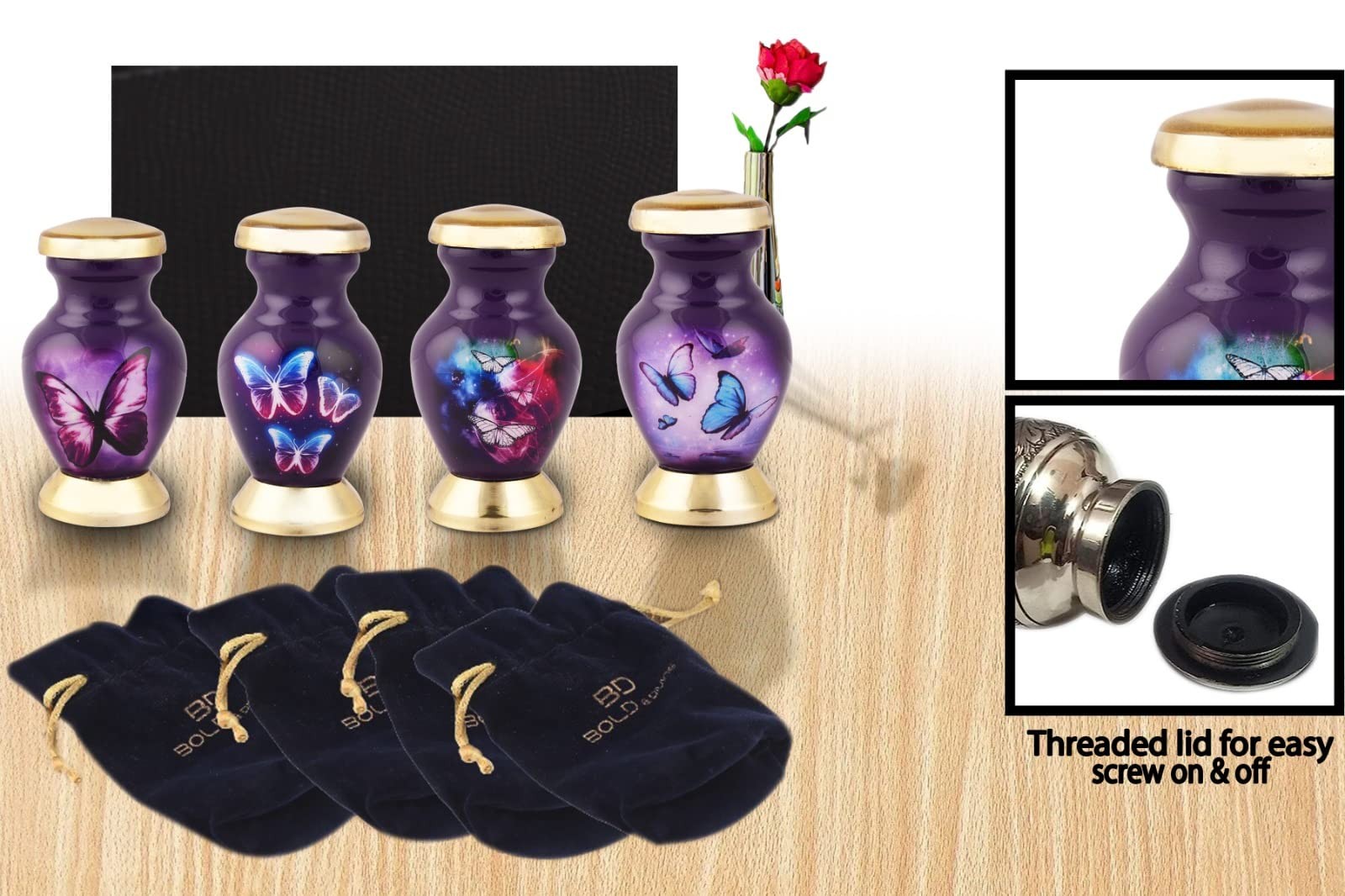 BOLD & DIVINE Butterfly Theme Cremation Urns | Small (Set of 4), Dark Purple