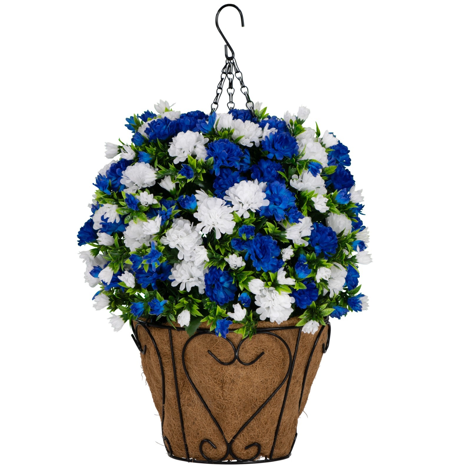 Artificial Gravesite Flowers – Blue and White Garden Mums Hanging Basket