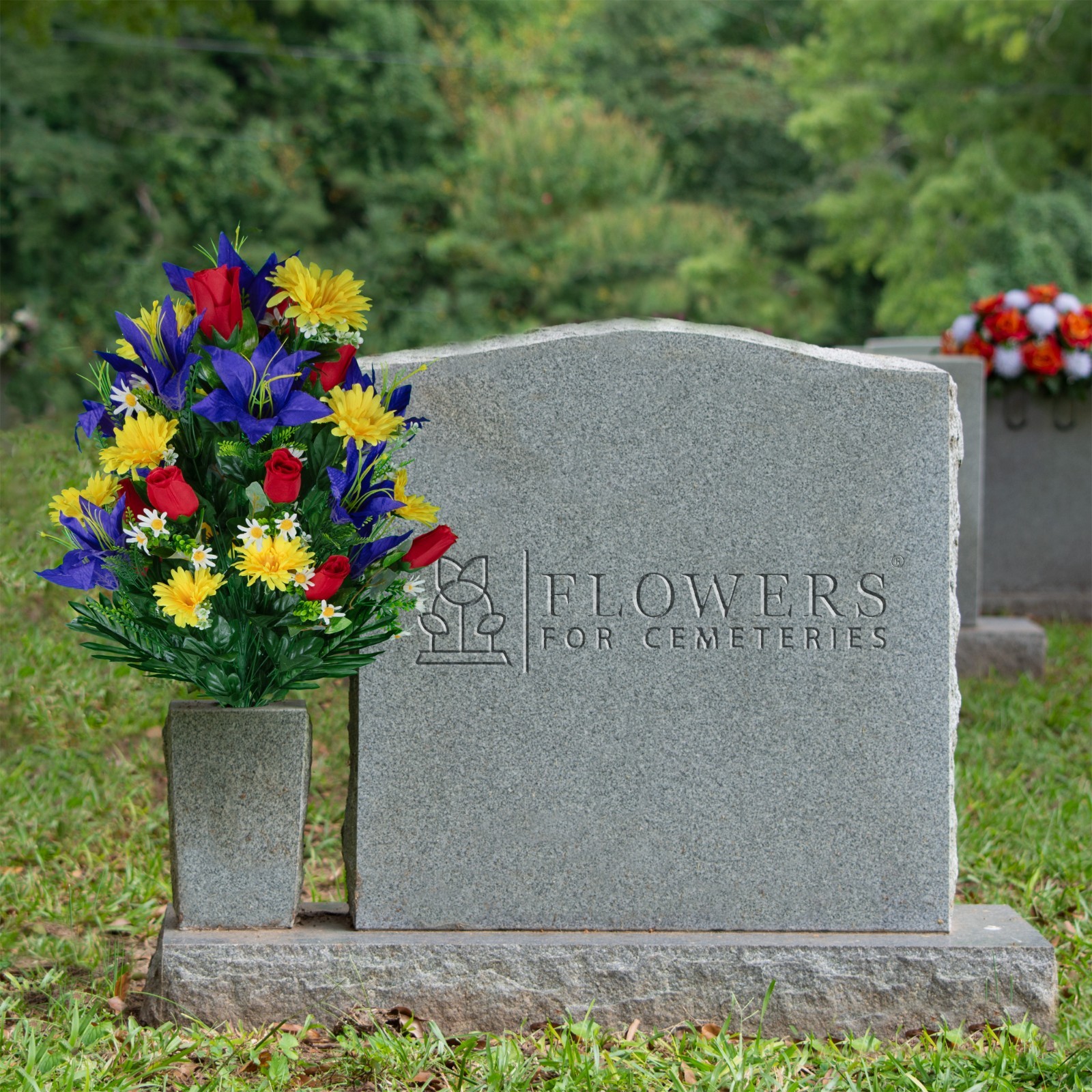 Artificial Cemetery Flowers – Purple Lilies with Yellow Daisies and Red Roses