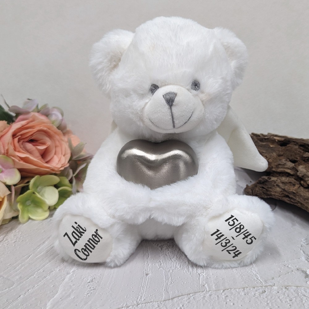 Angel Memorial Bear with Silver Heart Urn For Ashes, Loss, Sympathy, Bereavement