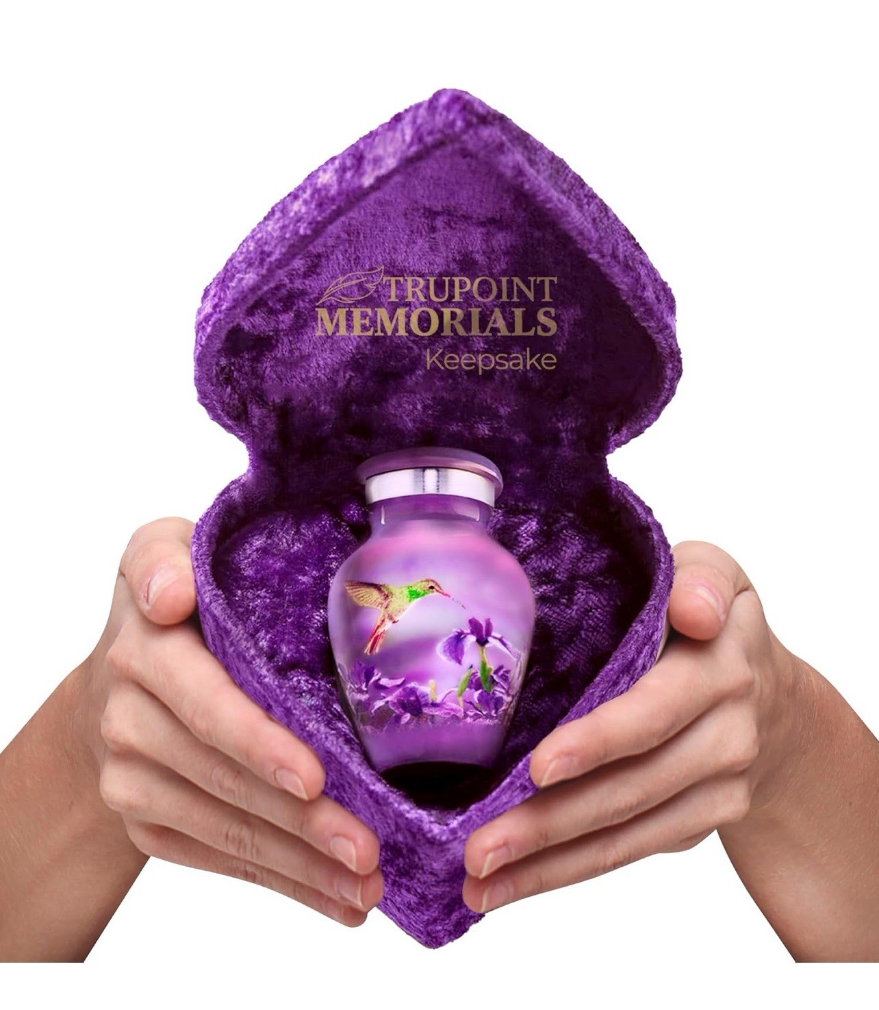 Small Urn purple hummingbird Flowers W/ heart box Cremation Keepsake Decorative