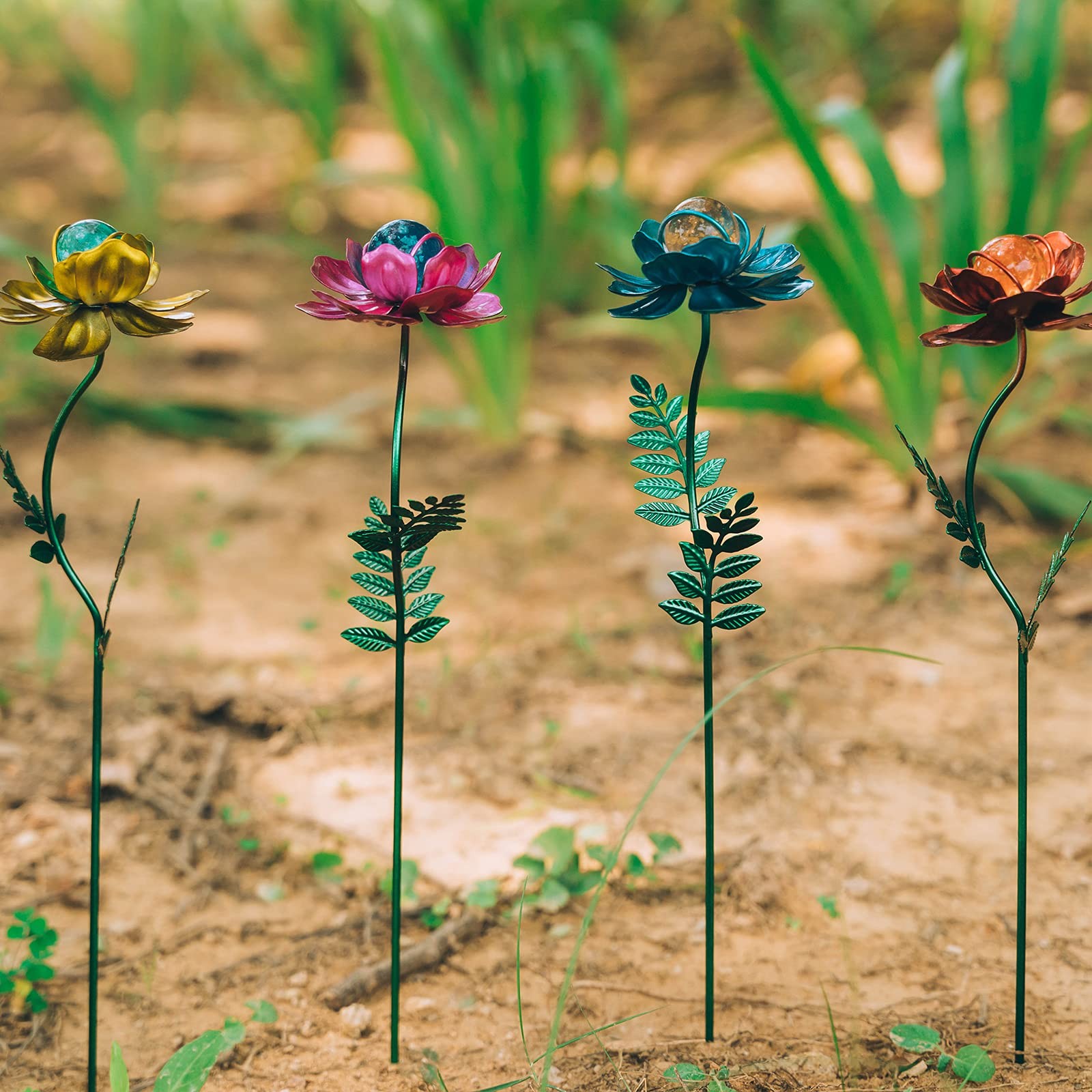 4 Pack Metal Flower Garden Stakes Waterproof Outdoor Decor for Lawn & Yard