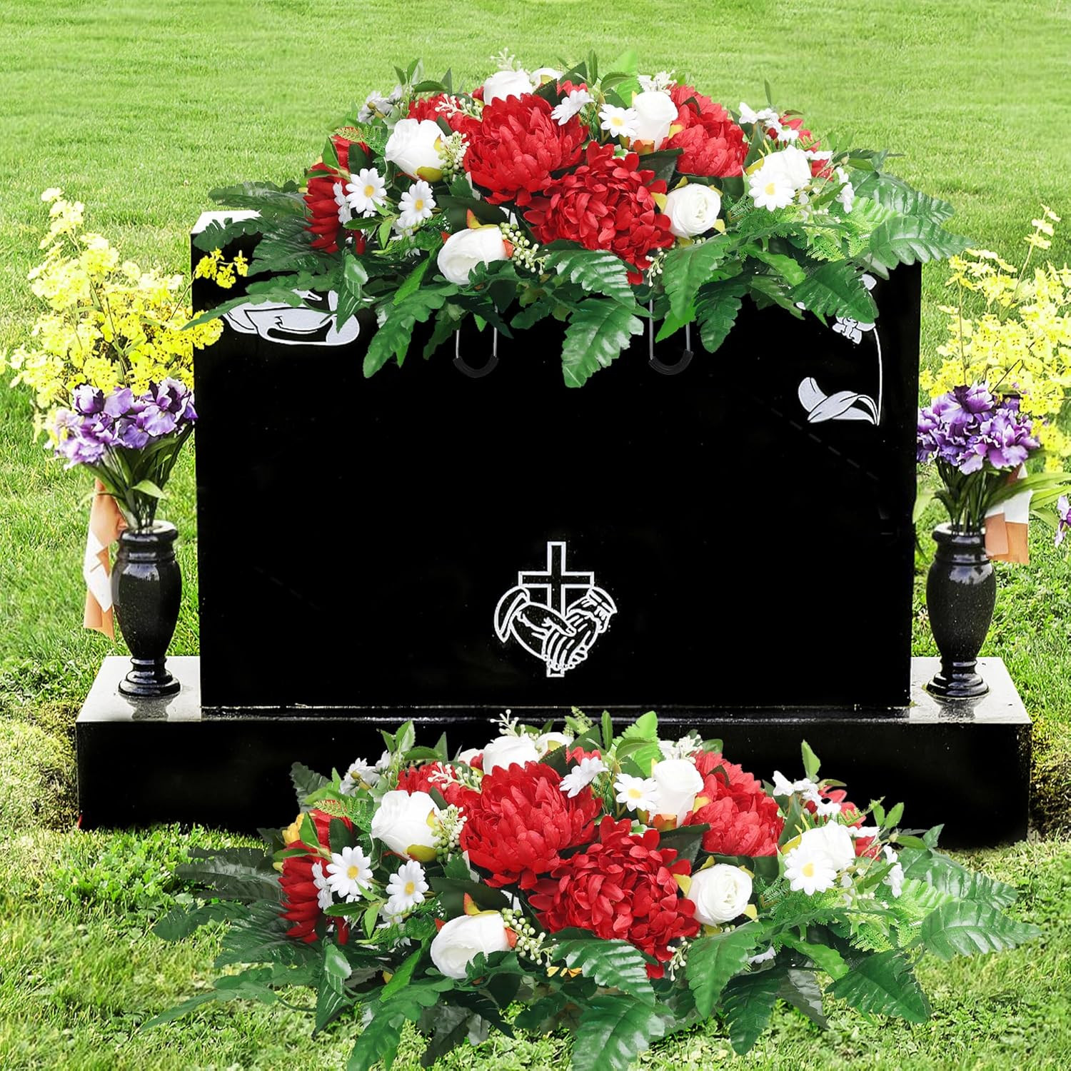 Artificial Cemetery Flowers – Red Roses & Chrysanthemums for Grave Saddle