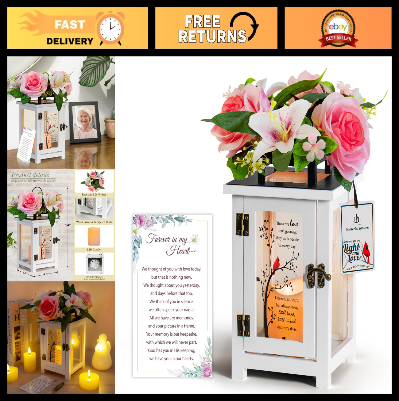 Sympathy Memorial Lantern with Lily & Rose Flowers – Bereavement Gift for Loss o
