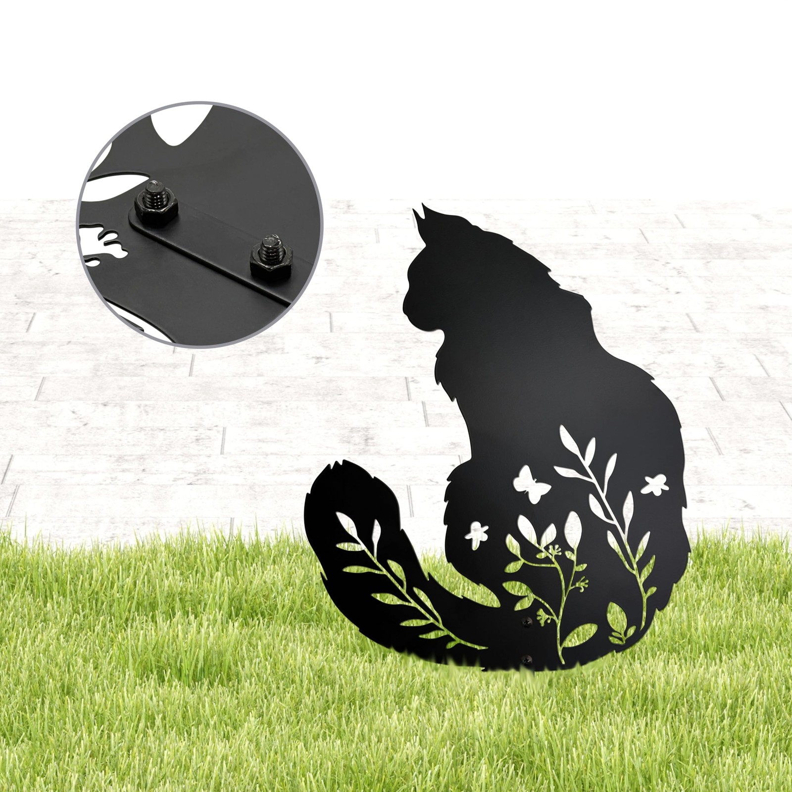 Maine Coon Cat Garden Stake – Elegant Black Cat Statue with Floral Design for…