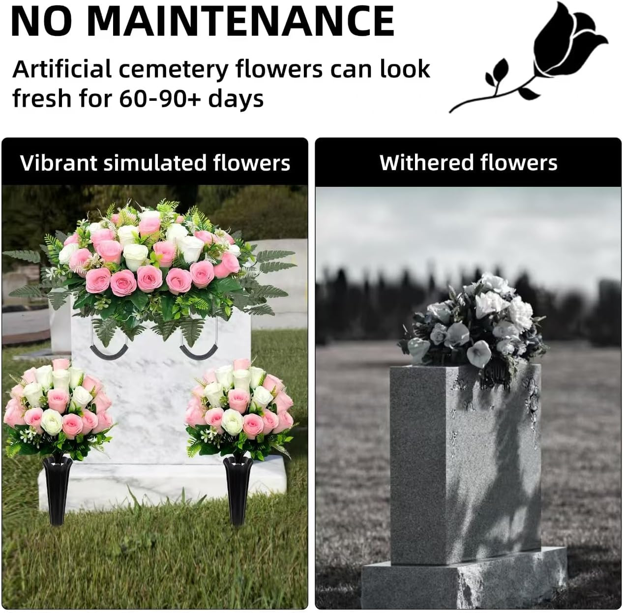 Realistic Large Cemetery Flowers for Grave – 3Pcs Pink White Headstone Decor