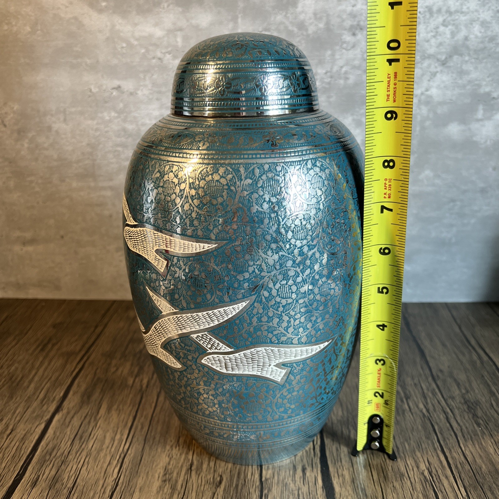 Adult Size URN, High quality Solid Brass Silver with Turquoise etched and Birds