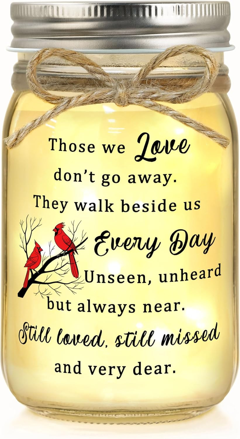 Cardinal Mason Jar LED Light Sympathy Gift Memorial Decor Battery Operated