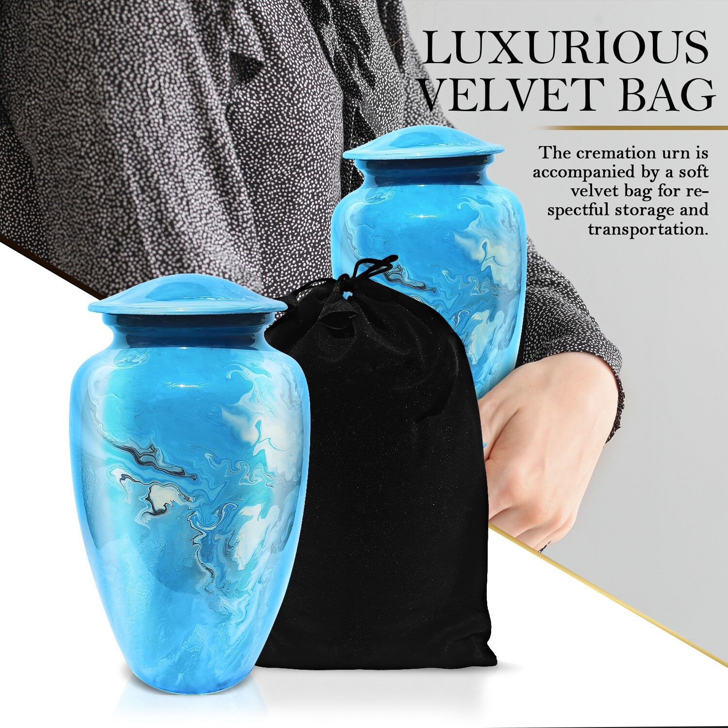 Cremation Urn for Adult Ashes by Forever Lane Hand-Painted Large Marble Blue Urn