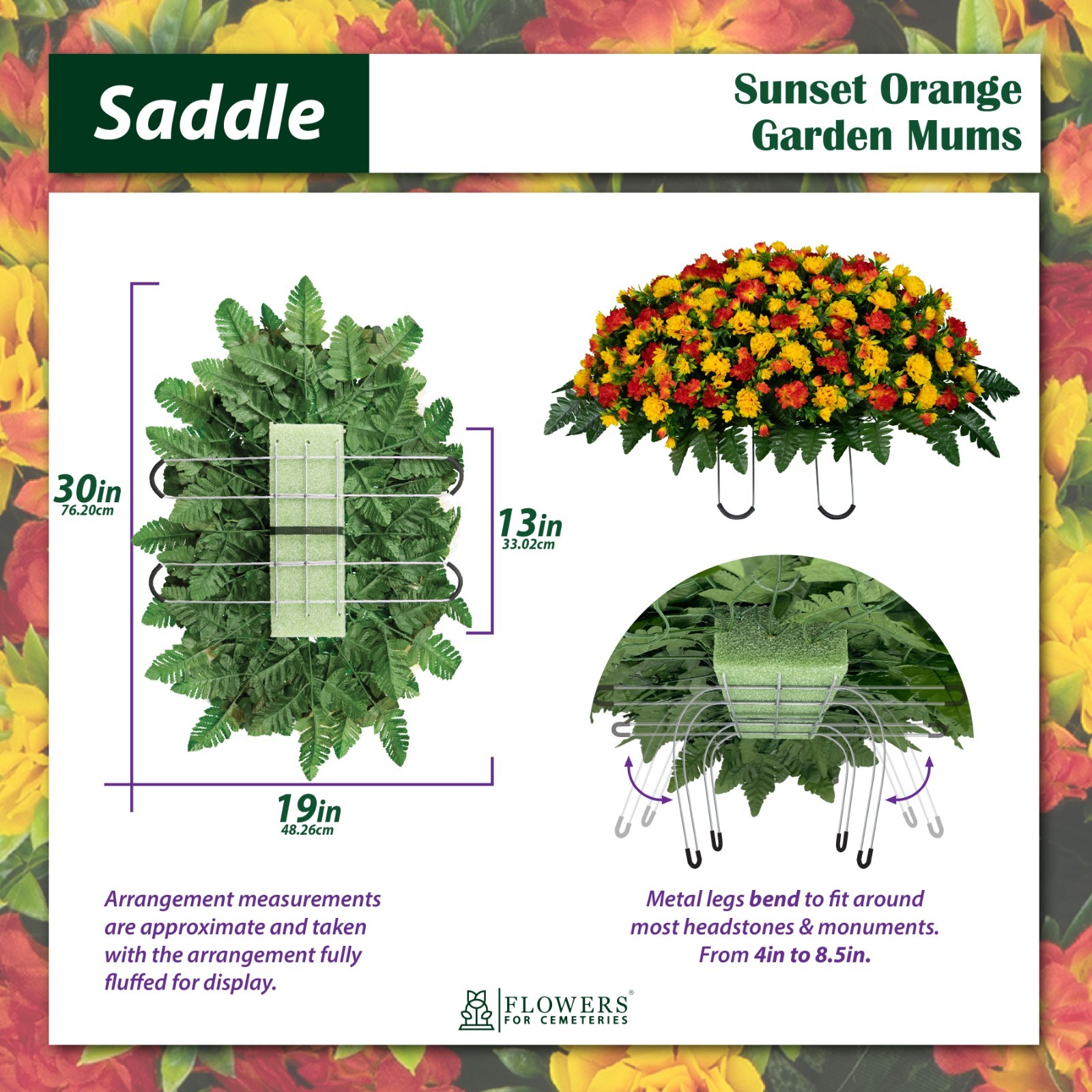 Artificial Cemetery Flowers – Sunset Orange Garden Mums Saddle and 2 Bouquets