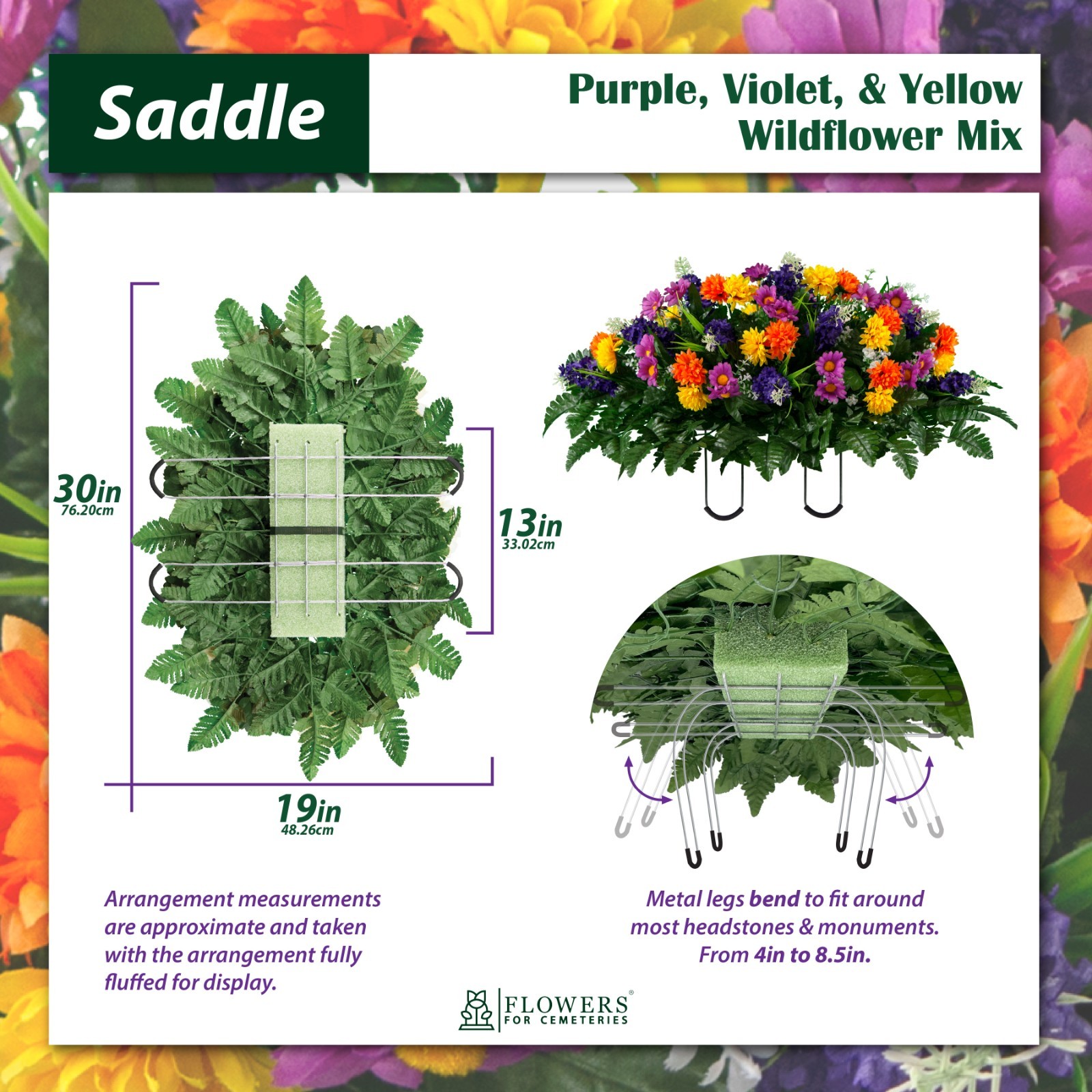 Artificial Purple Violet Yellow Wildflower Mix Saddle, 2 Bouquets, & 2 Vases