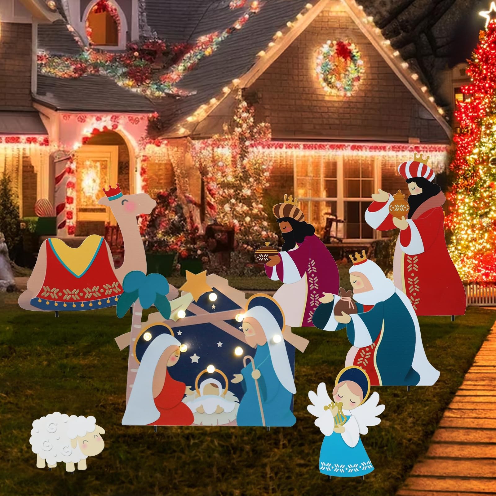 Christmas Metal Yard Stakes, 7 Pack Angel Nativity Yard Sign, Outdoor Nativit…