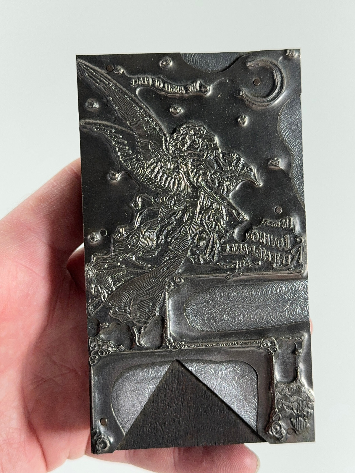 1890 H.F. Wendell Memorial Funeral Printing Plate Leipsic OH Angel Trumpet Moon