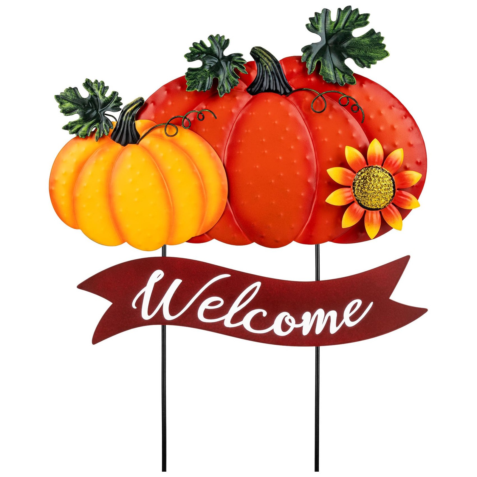 Fall Decorations for Home Outdoor – 21.2″ Metal Pumpkin Yard Stakes with 2-Pu…
