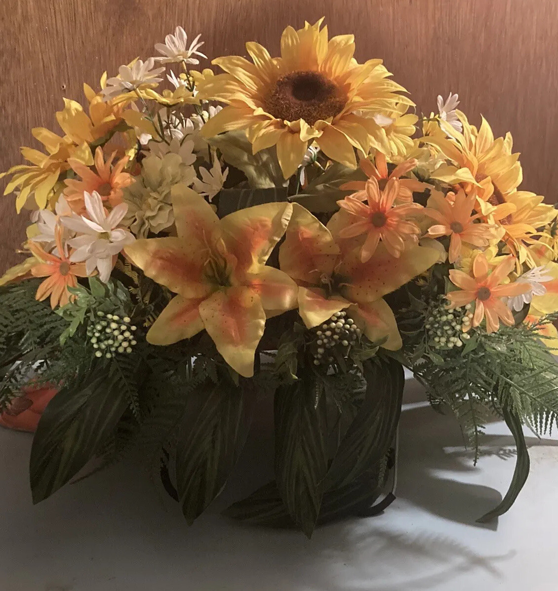 Cemetery Headstone Grave Saddle Artificial Yellow Sunflowers White Yellow Daisy