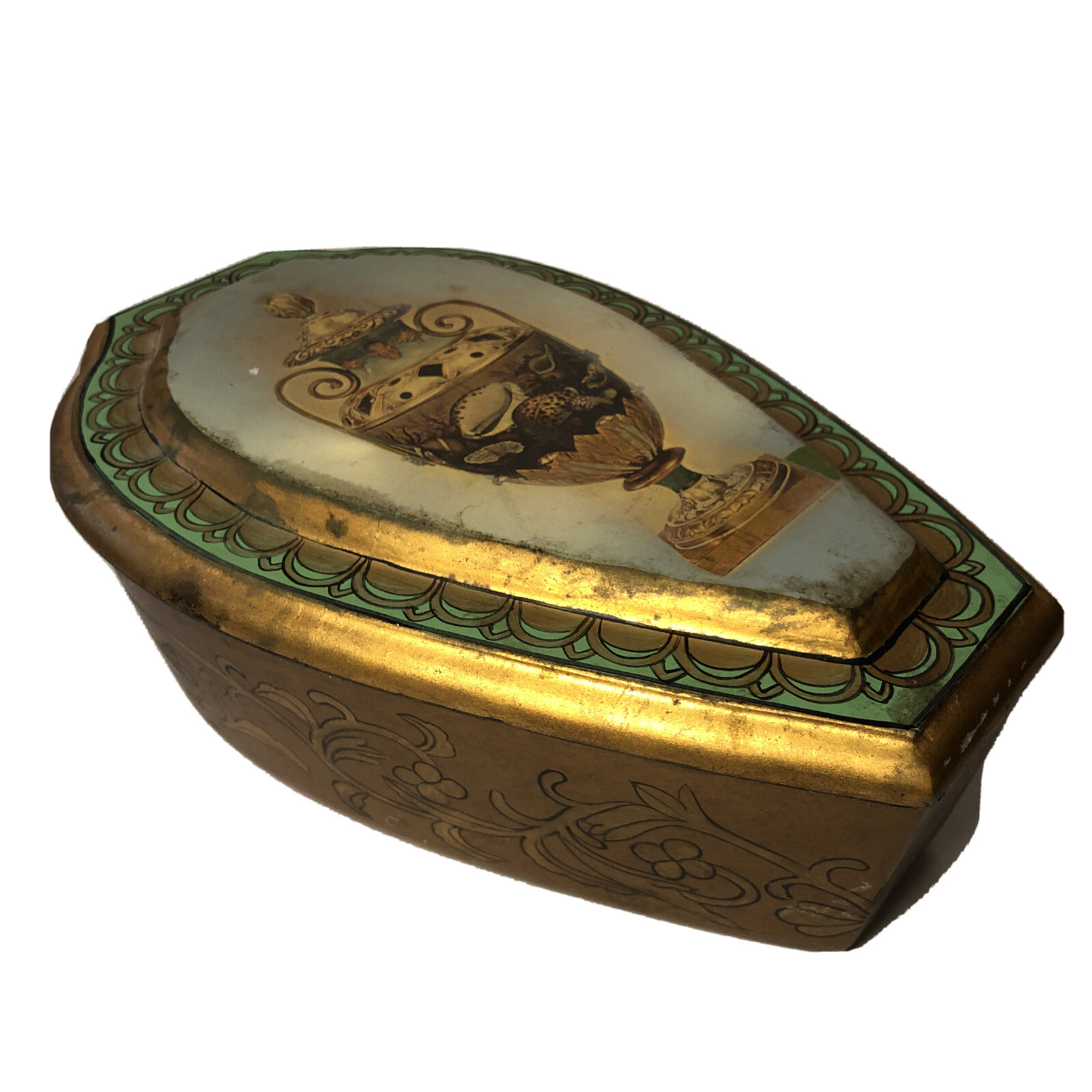 Vintage Oriental Hand Painted Gold Wooden Urn Box Cremation Fits 9x5x3” Inside