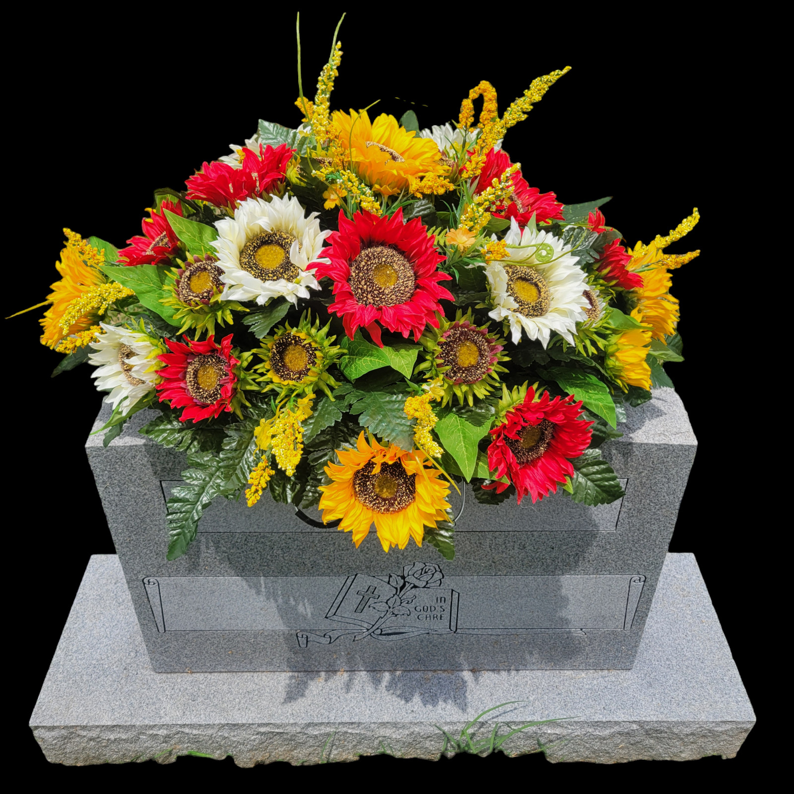 Red, Yellow, and Cream Sunflower Memorial Headstone Saddle