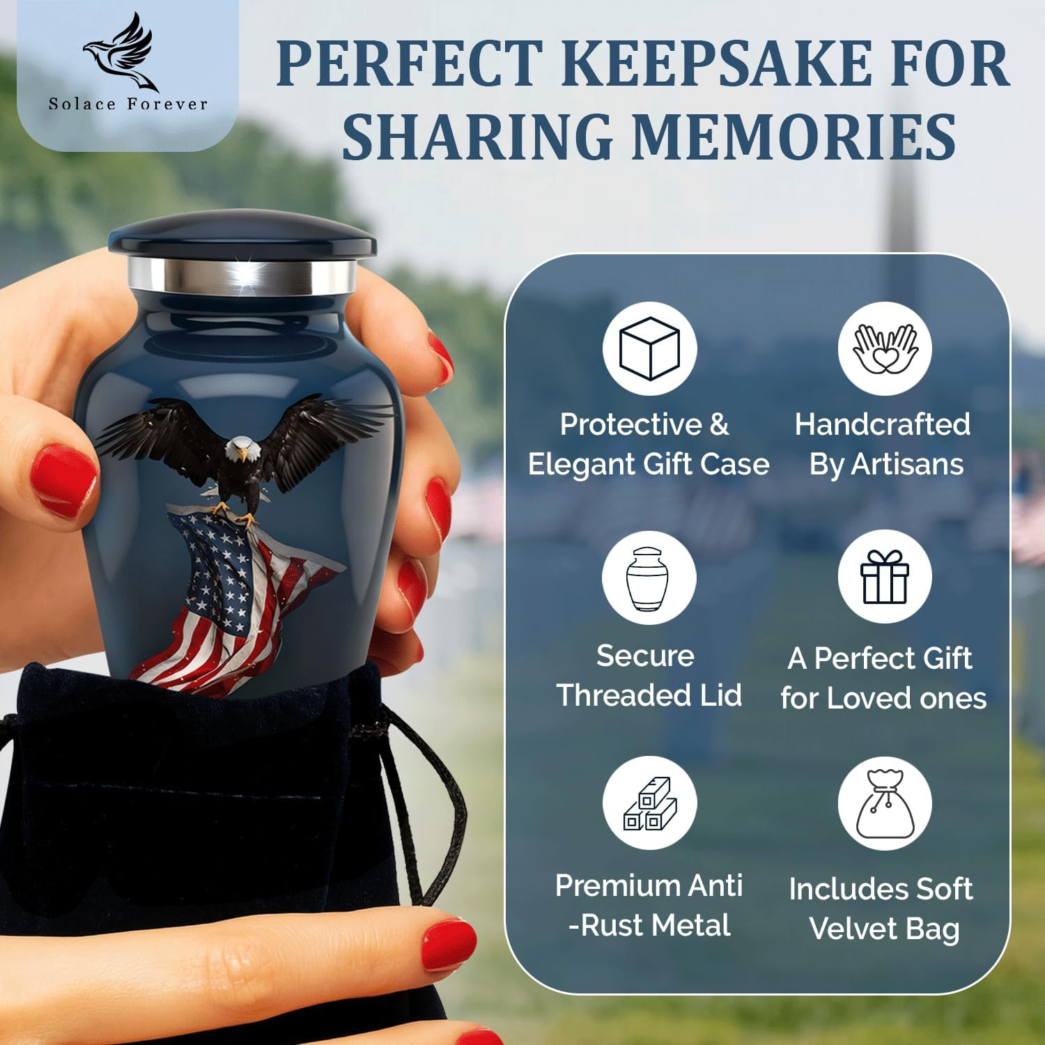 Small Urns for Human Ashes – Patriotic Eagle with US Flag Design – Mini Urn Keep