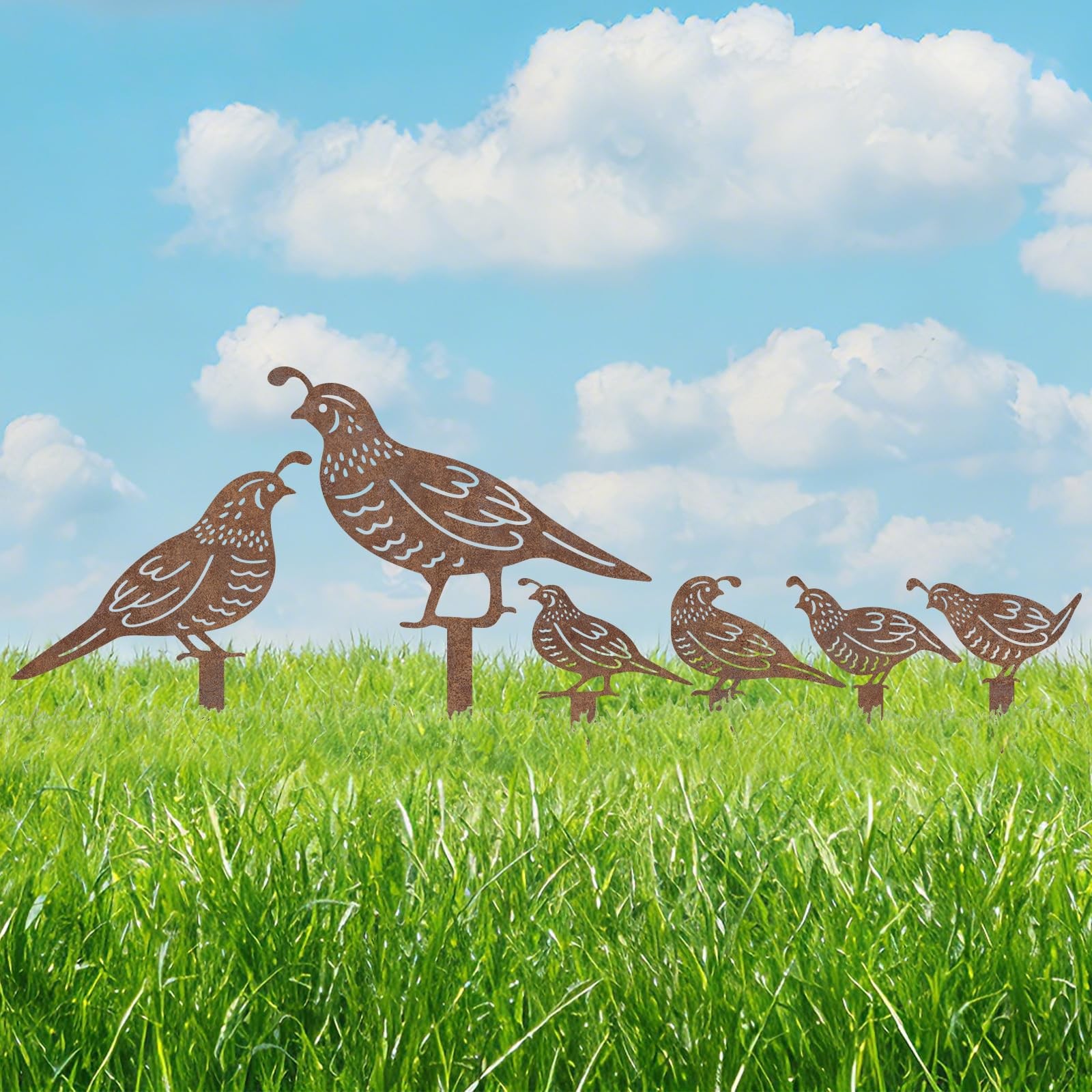 6 PCS Rusty Metal Quail Yard Art Garden Stakes Bird Lover Gift 17 Inch