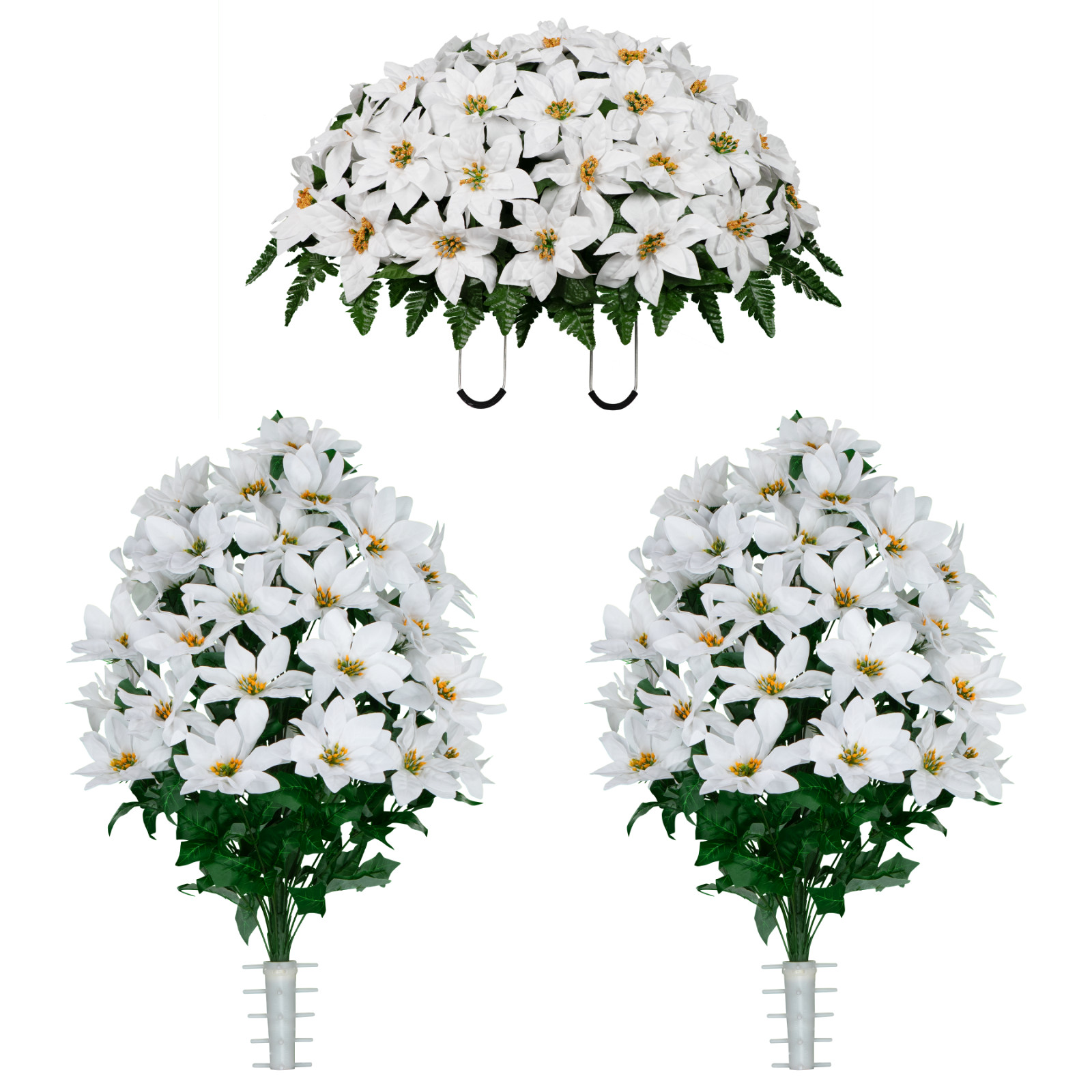 Artificial Gravesite Flowers – White Poinsettia Saddle and 2 Bouquets