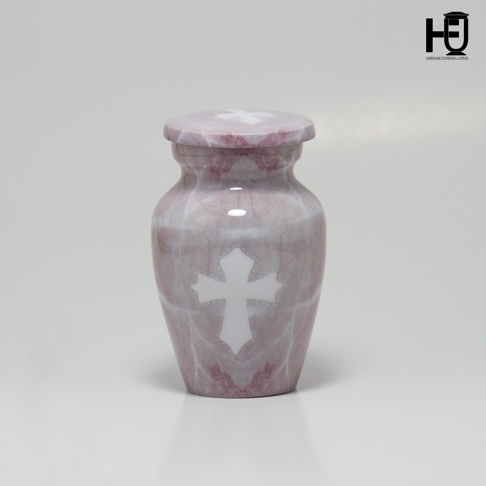 HFU-Elegant Metal Cremation Urn with Light Pink Marble Design and White Cross