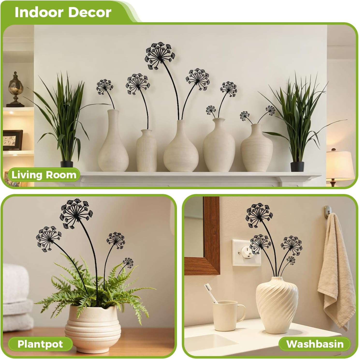 5-Pack Black Dandelion Metal Garden Stakes Outdoor Decor, Matte Powder-Coated Ya
