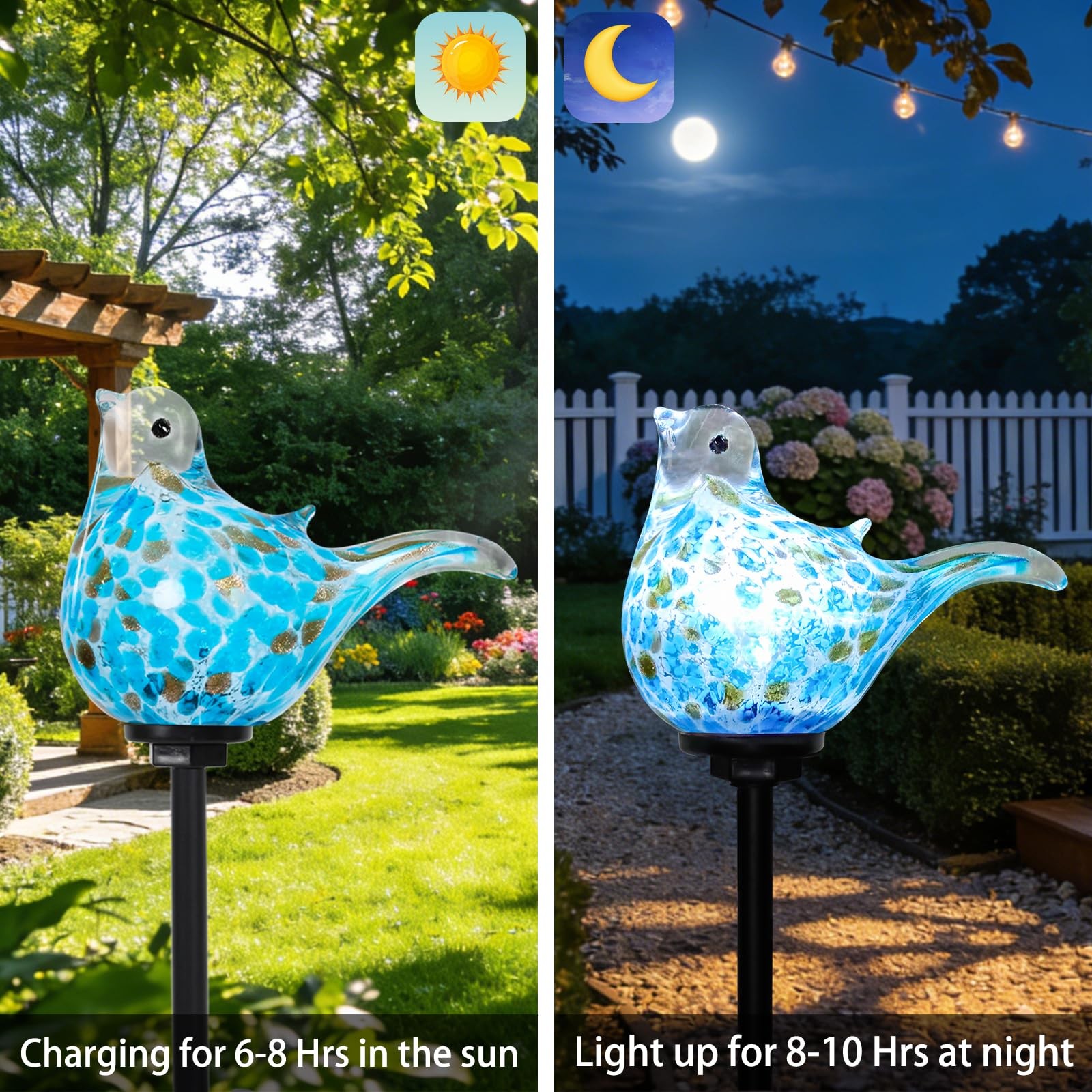 Solar Garden Lights Outdoor Blue Bird Hand-Blown Glass Solar Stake Lights Wat…
