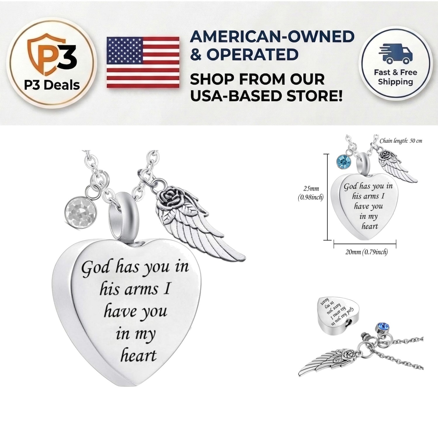 Angel Wing Charm Cremation Ashes Necklace – Heart Pearl & Birthstone Keepsake