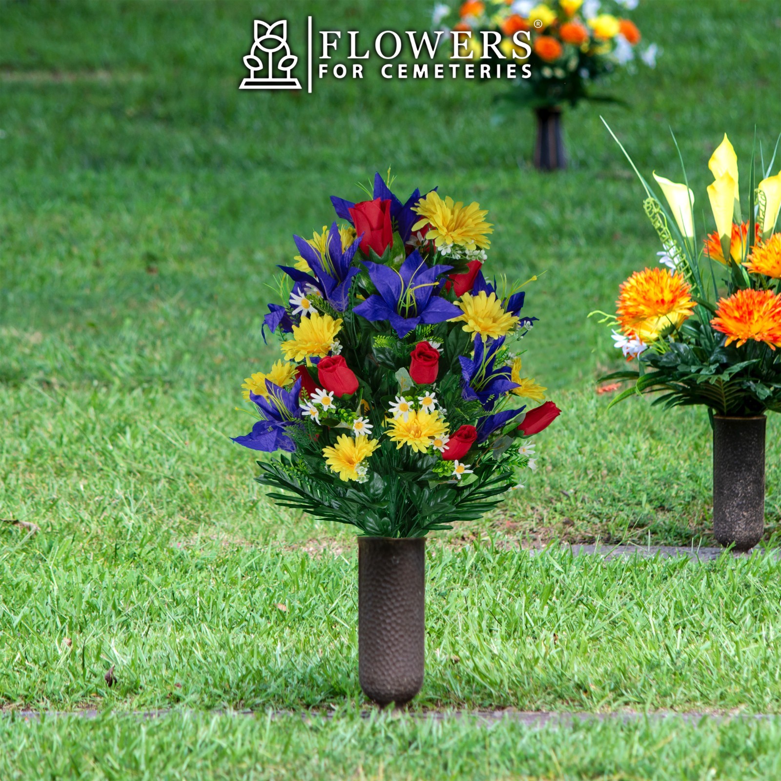Artificial Cemetery Flowers – Purple Lilies with Yellow Daisies and Red Roses