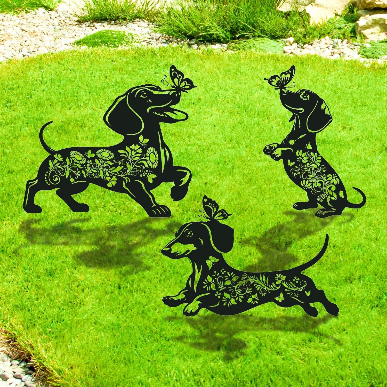 Dachshund Decorative Garden Stakes Gifts, 3PCS Metal Weiner Dog Garden Statues D