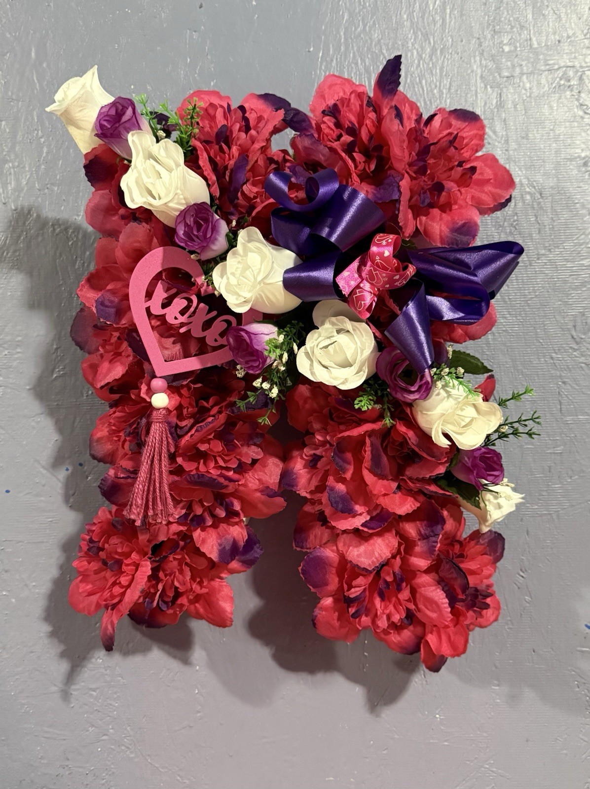 Cemetery Memorial Angel Wing Silk Flower Arrangement Purple-Pink & White