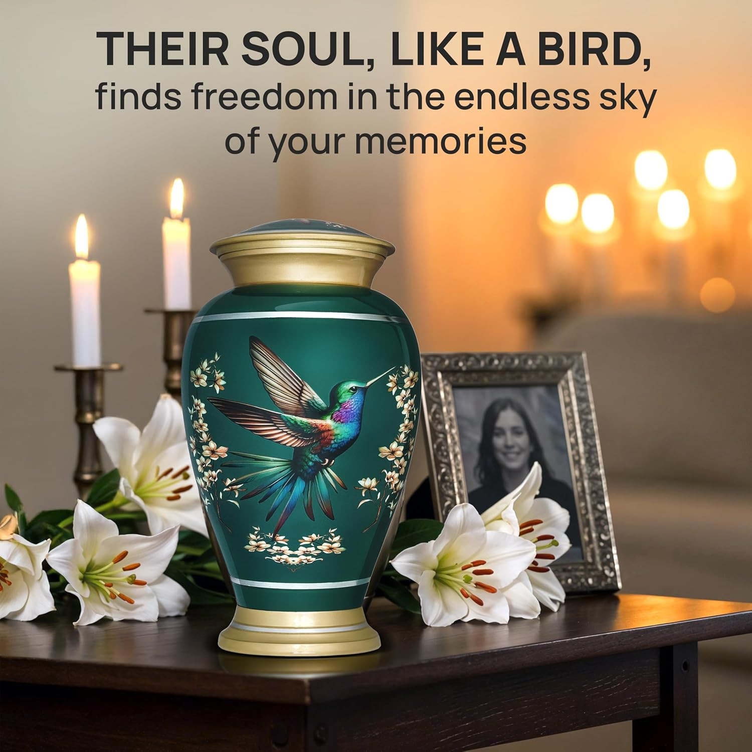 Large Decorative Hummingbird Cremation Urn for Ashes for Women & Men – Green