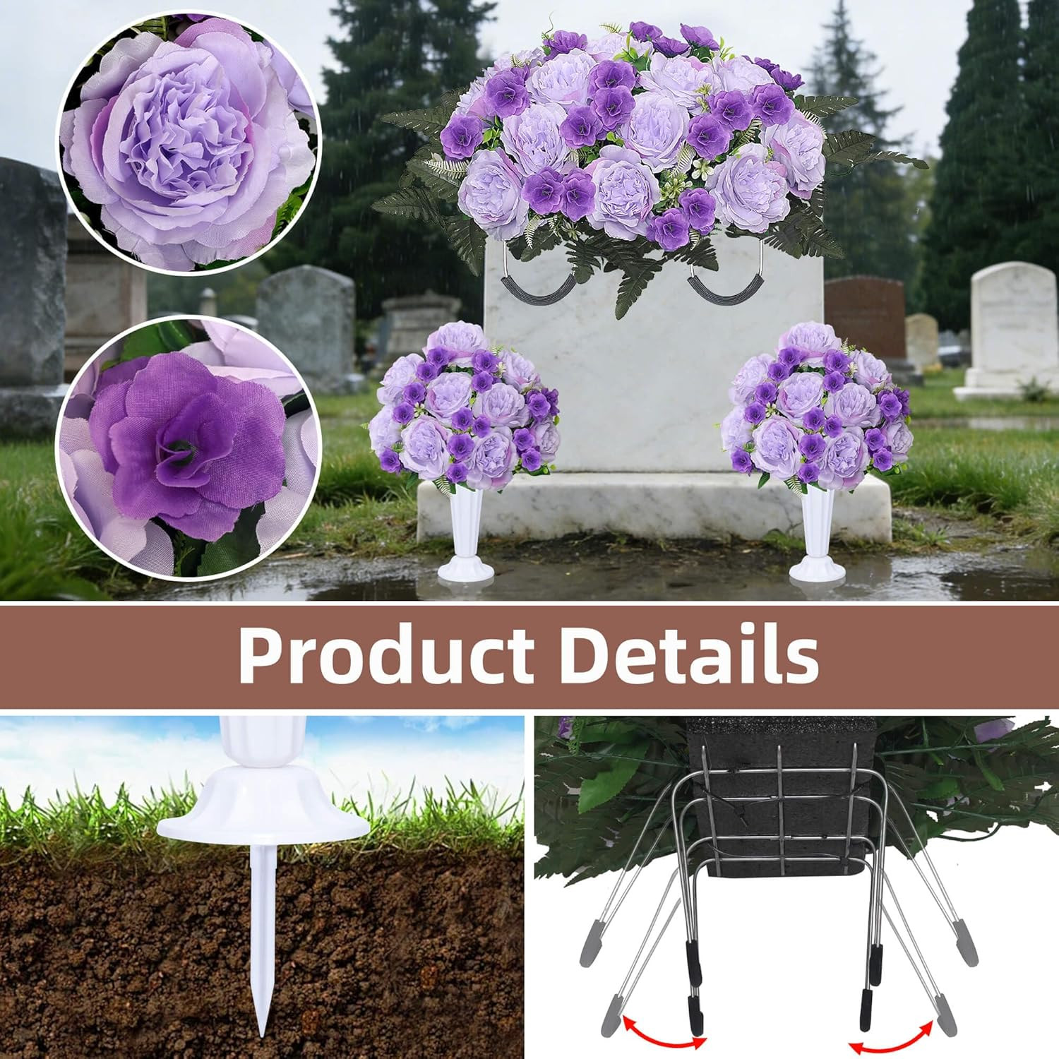 Grave Decorations for Cemetery Headstone Flower Saddle 2PC Artificial Peony Flow