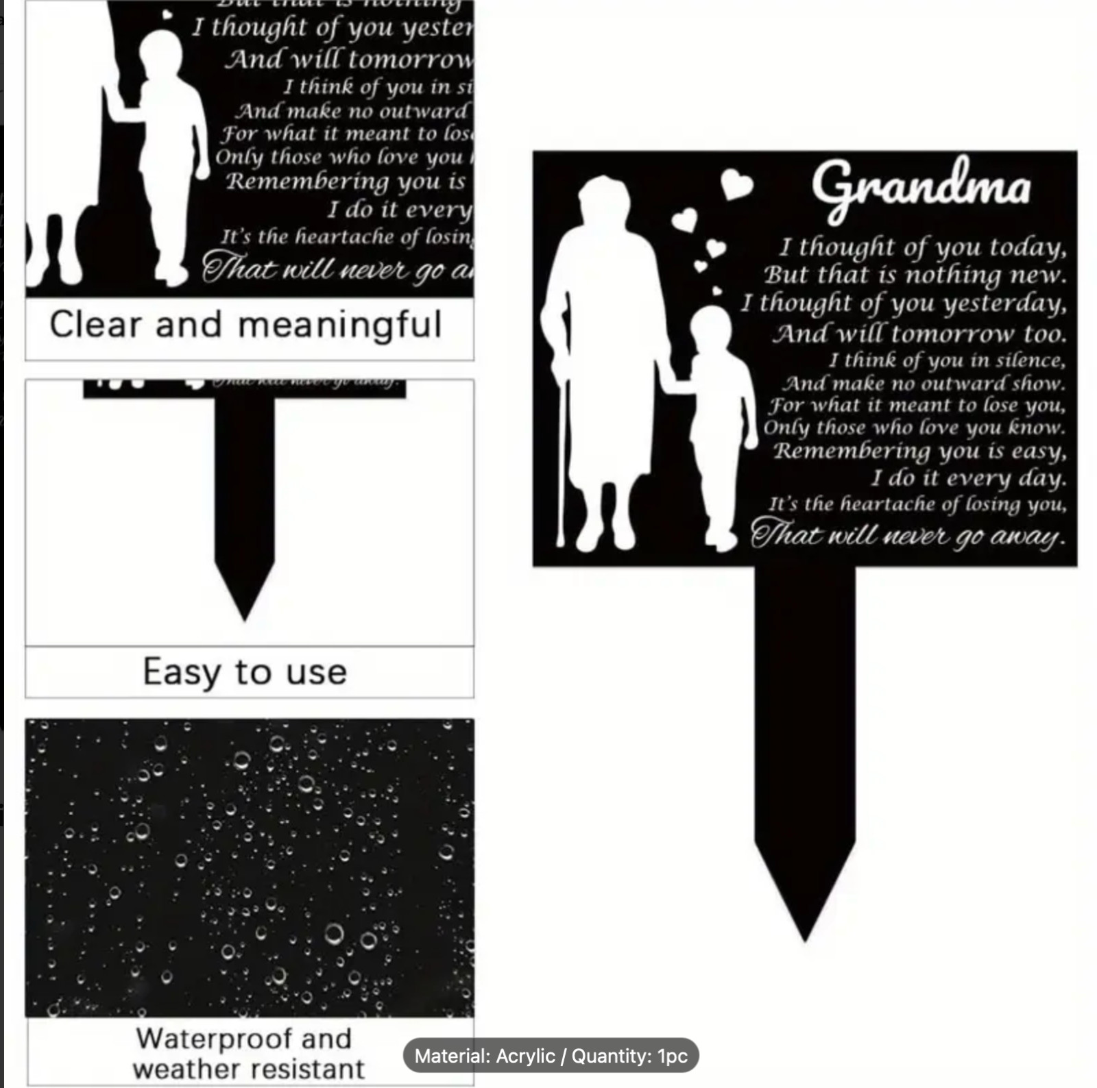 Elegant Grandma Memorial Stake -Acrylic Square Grave Marker for Outdoor Cemetery